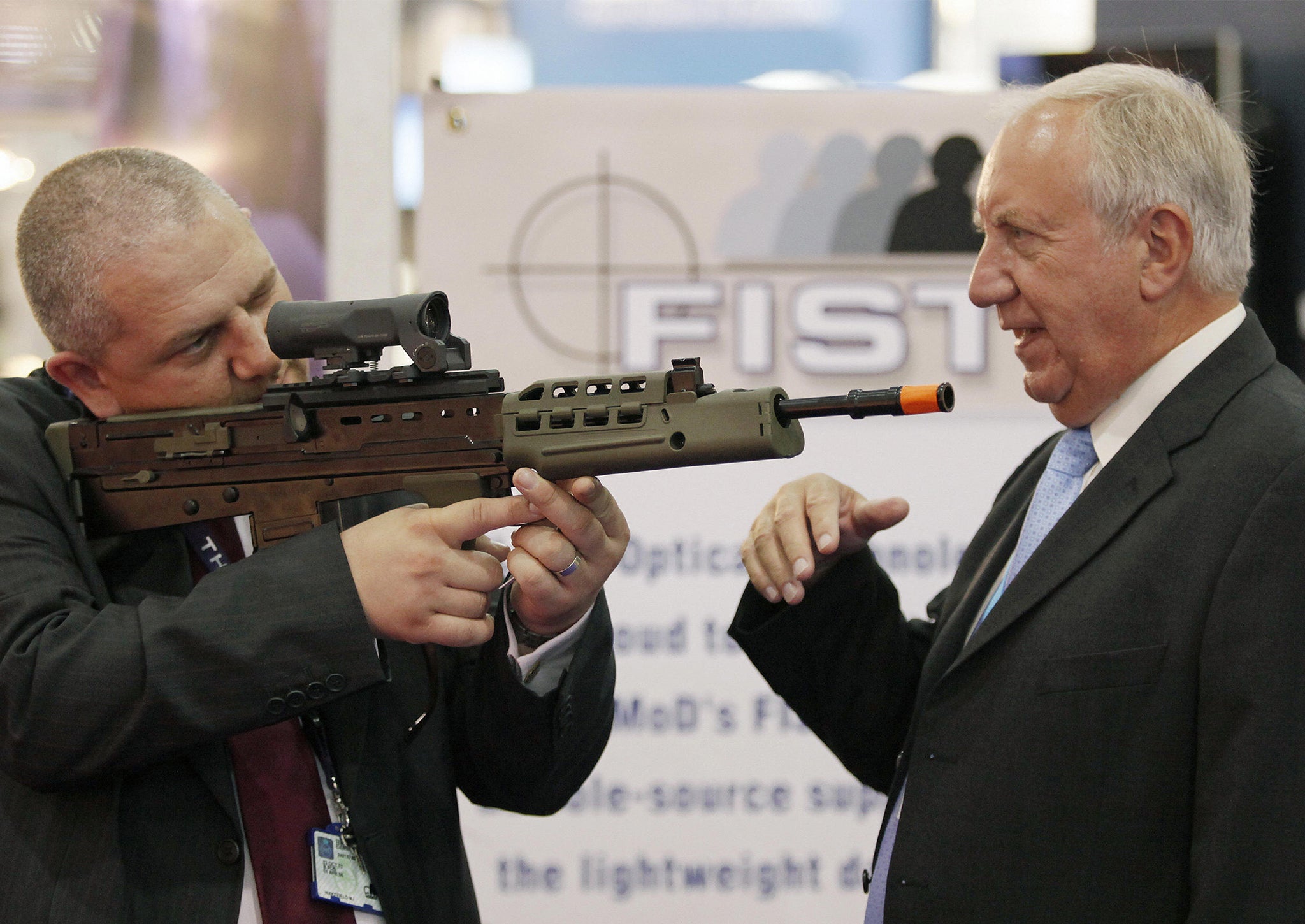 Weapons are exhibited at the Defence Systems and Equipment International Exhibition (DSEi) in 2009. The fair is the largest of its kind in the world