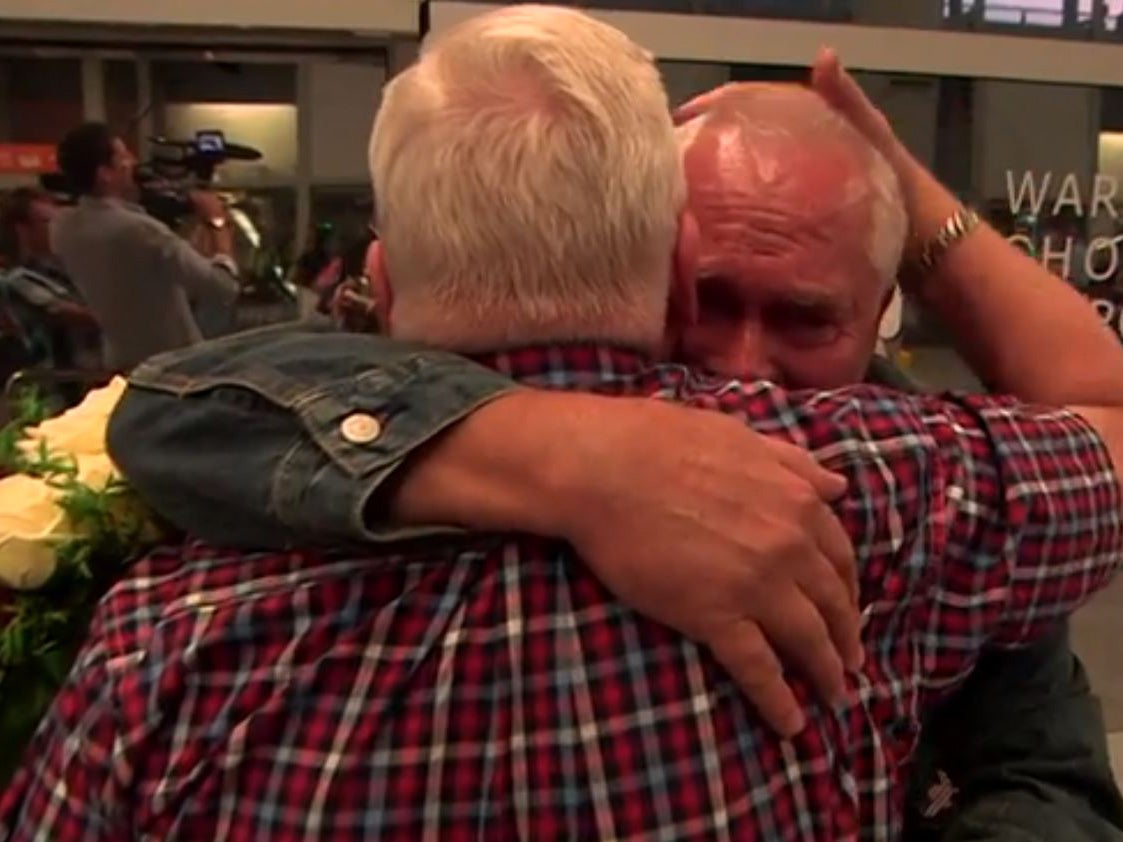 The moment that twin brothers George Skrzynecky and Lucian Poznanski were reunited after 70 years