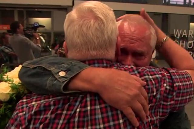 The moment that twin brothers George Skrzynecky and Lucian Poznanski were reunited after 70 years