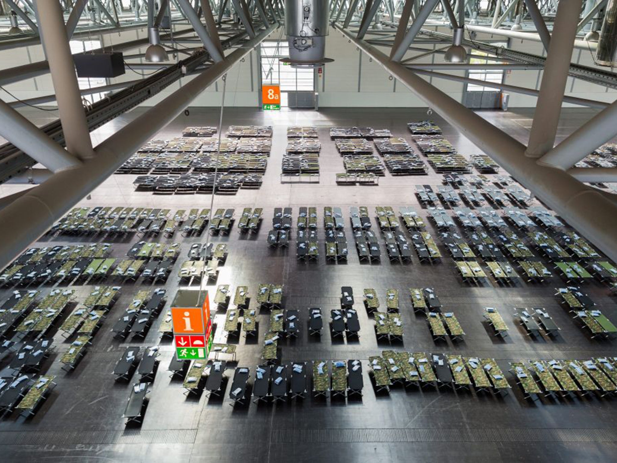 Camp beds set up for refugees in Duesseldorf, Germany. Measure are being taken to temporarily accommodate people while they are identified, registered, and finger-printed