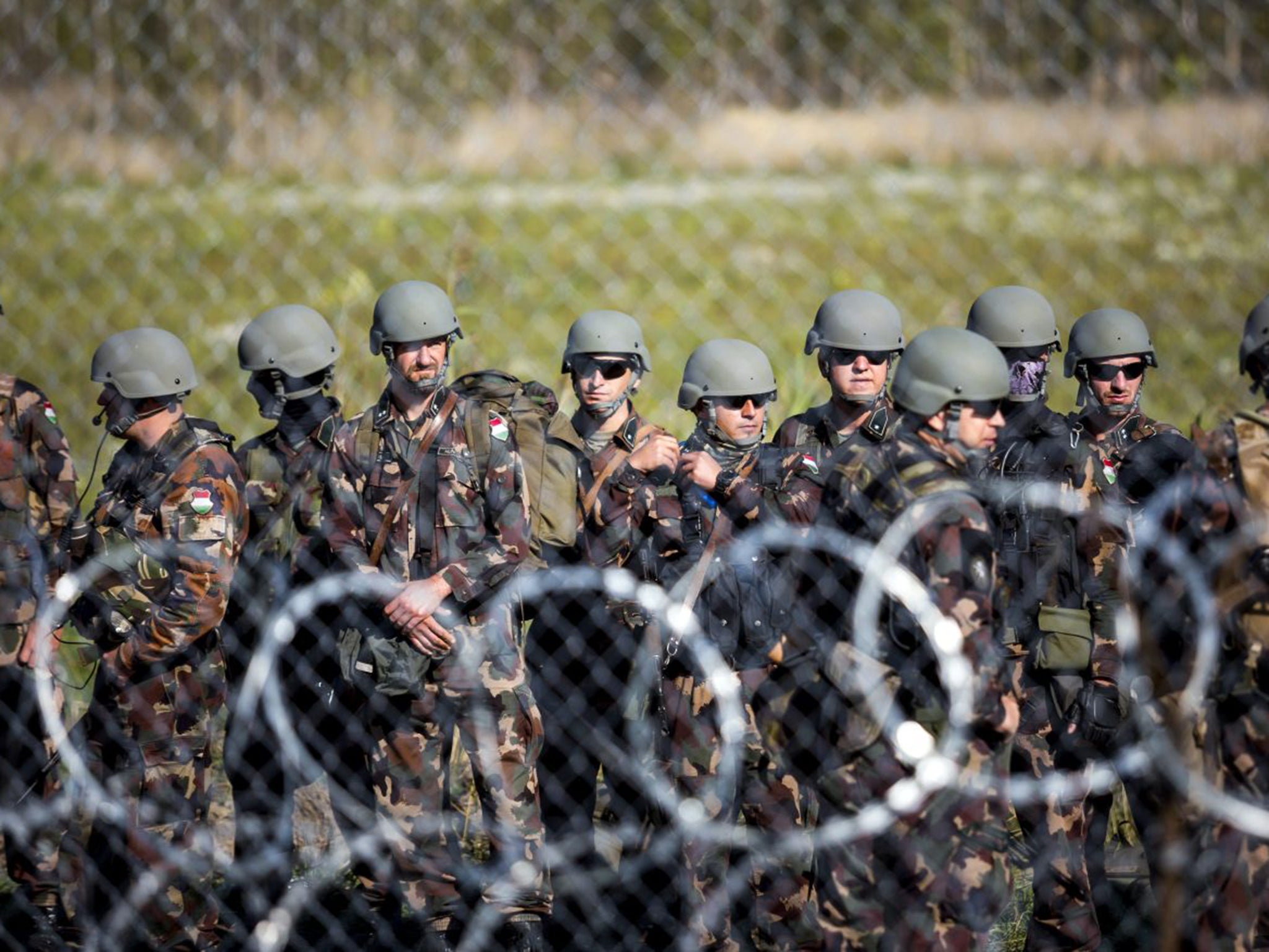 Soldiers at the border between Hungary and Serbia, near Roszke, on Monday