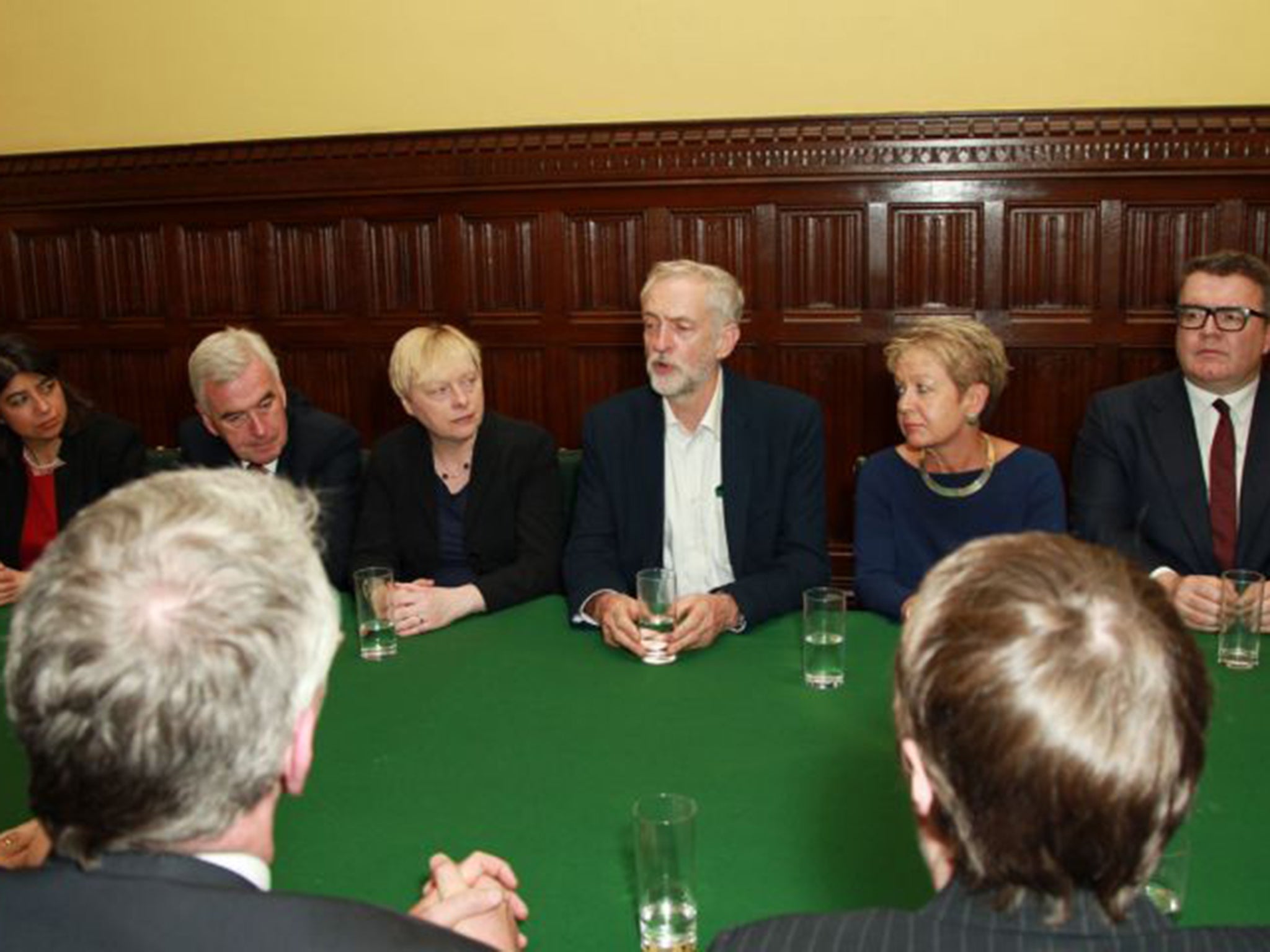 Jeremy Corbyn, flanked by, from left: shadow Chancellor John McDonnell, shadow Business Secretary Angela Eagle, shadow Leader of the Lords Baroness Smith, and deputy leader Tom Watson, at the first meeting of his Shadow Cabinet on Monday