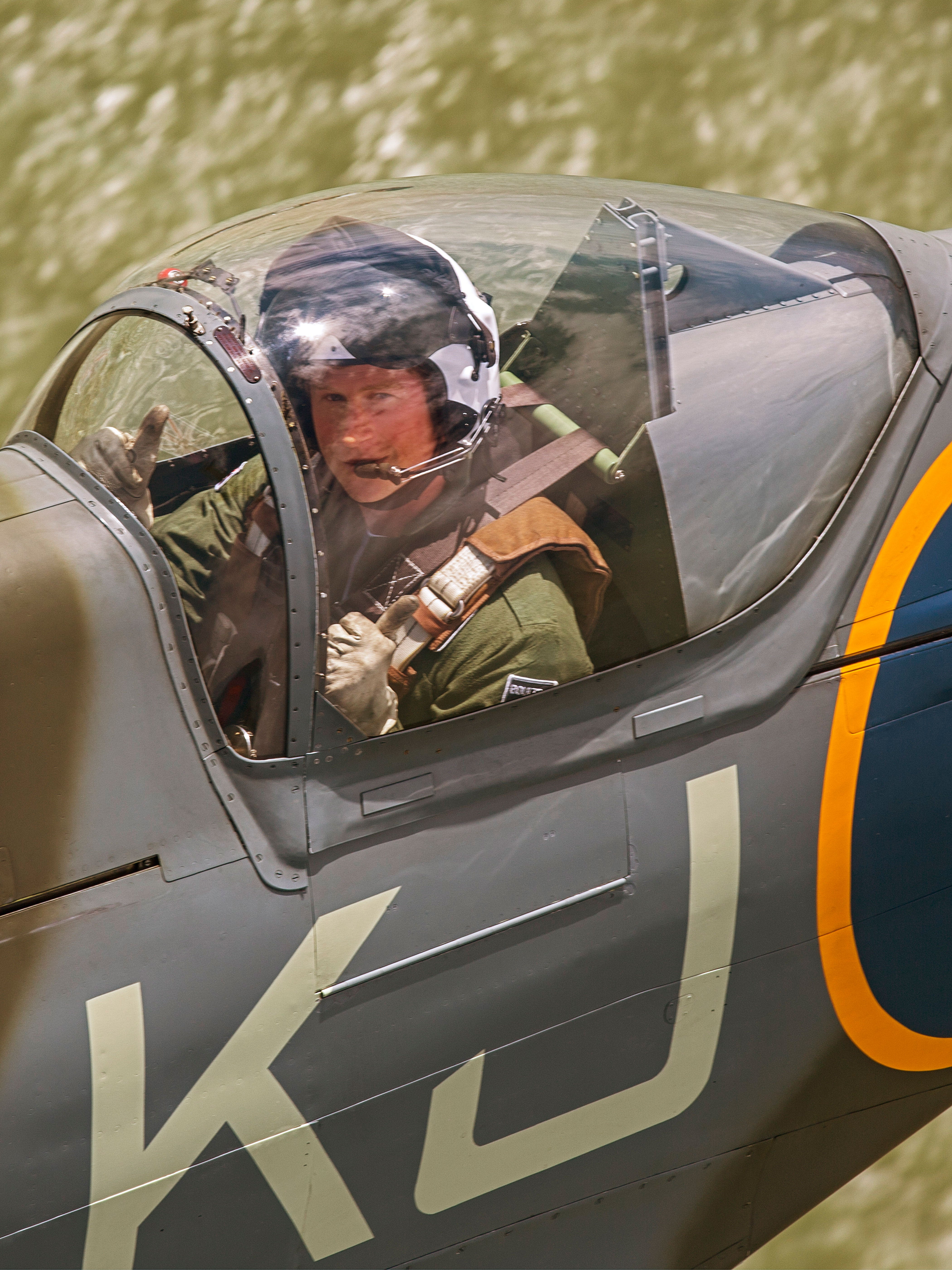 Prince Harry flying in the back of a spitfire in April, 2015