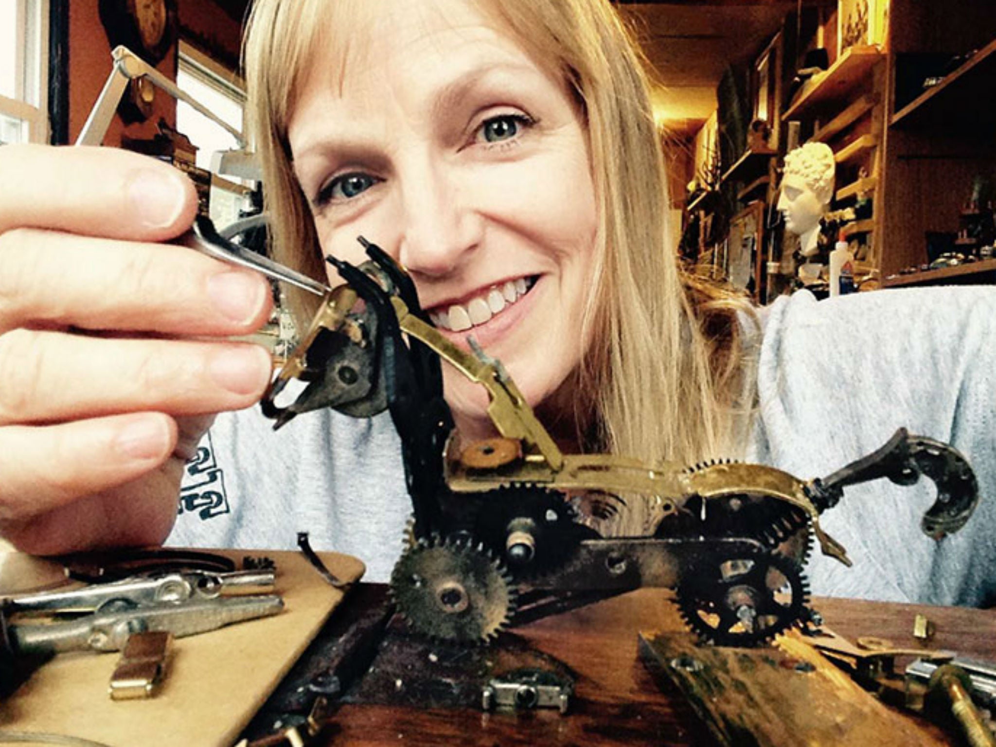 Sue Beatrice incorporates natural elements into her steampunk sculptures and jewellery