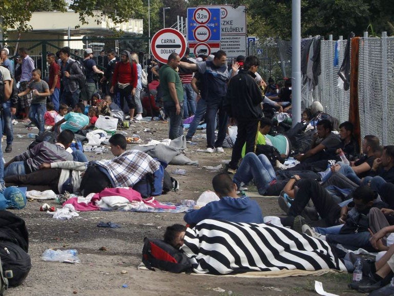 Migrants wait at the Horgos 2 border crossing at the Serbia-Hungary border, 15 September 2015