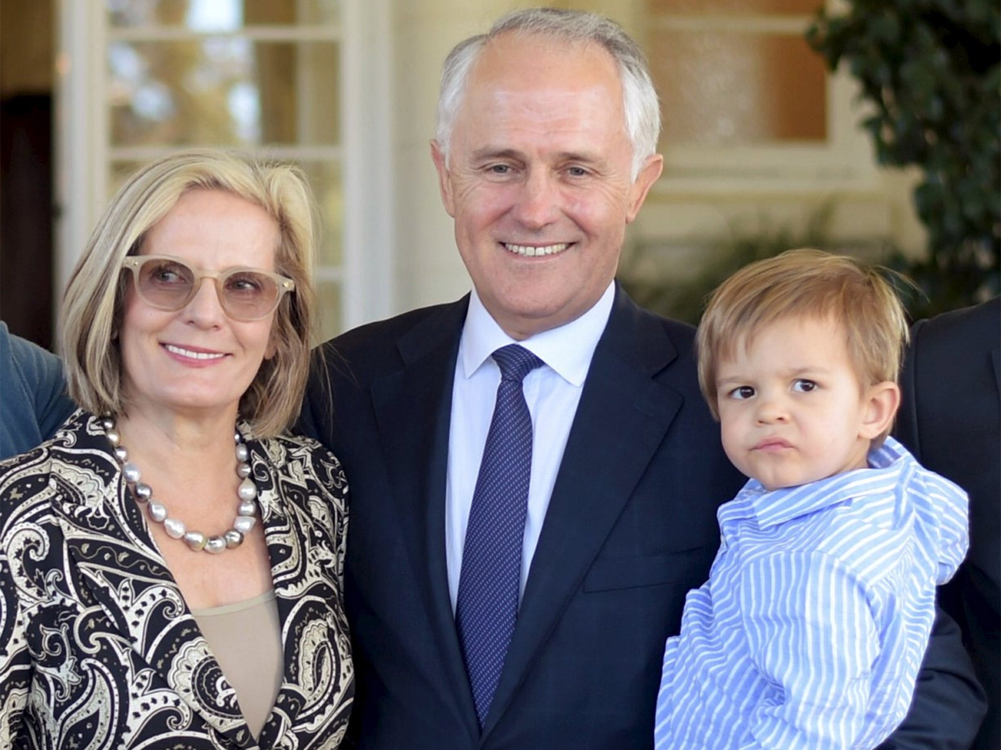 Malcolm Turnbull with his wife Lucy and grandson Jack, outside Government House in Canberra