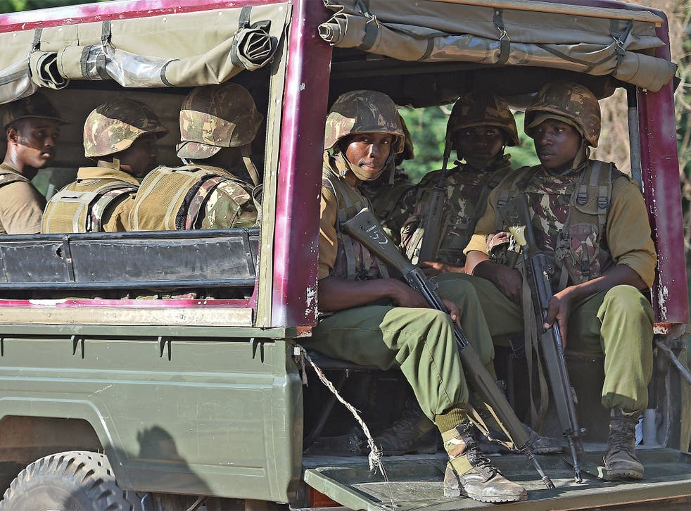 Kenyan soldiers at the Garissa University massacre where Al-Shabaab killed 147 people in April. The anti-terror battle against the militants has led to abuses, according to a Kenyan report