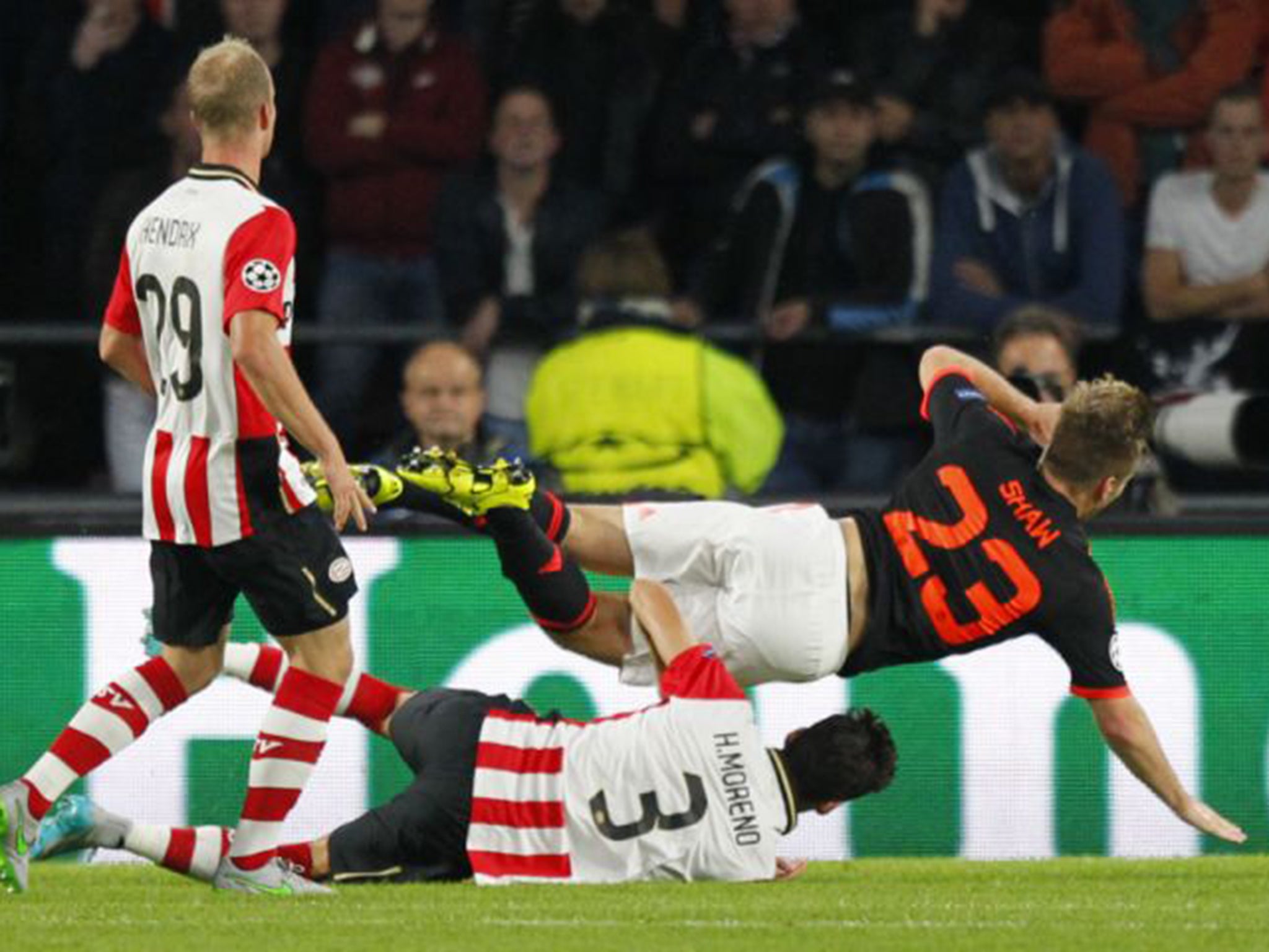 Luke Shaw clashes with Hector Moreno