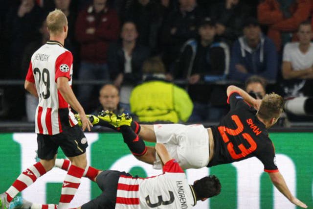 Hector Moreno clashes with Luke Shaw