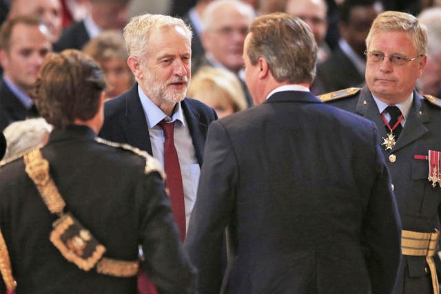 Jeremy Corbyn is greeted by David Cameron at St Paul’s Cathedral