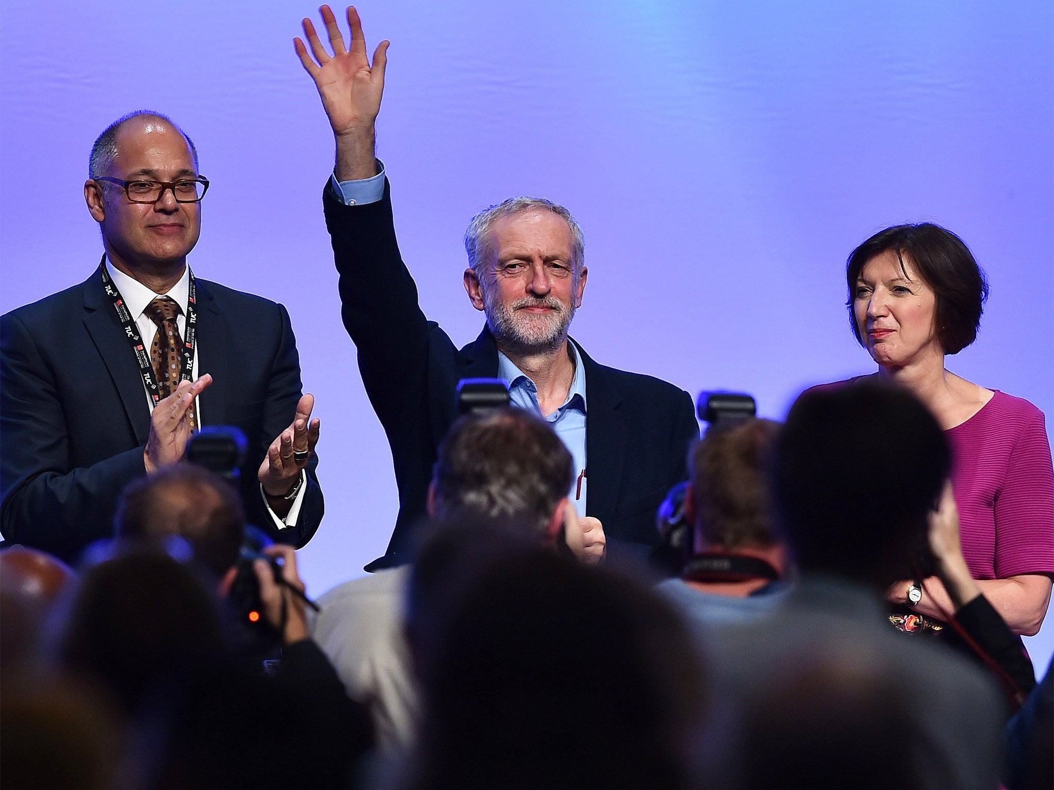 Labour leader Jeremy Corbyn acknowledges the applause after speaking at the TUC conference in Brighton