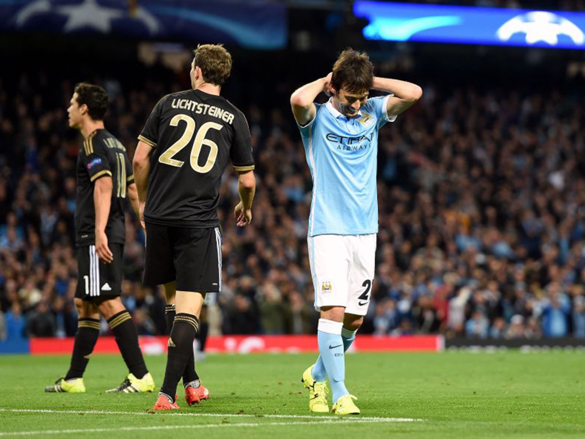 David Silva reacts after an unbelievable David Silva double save