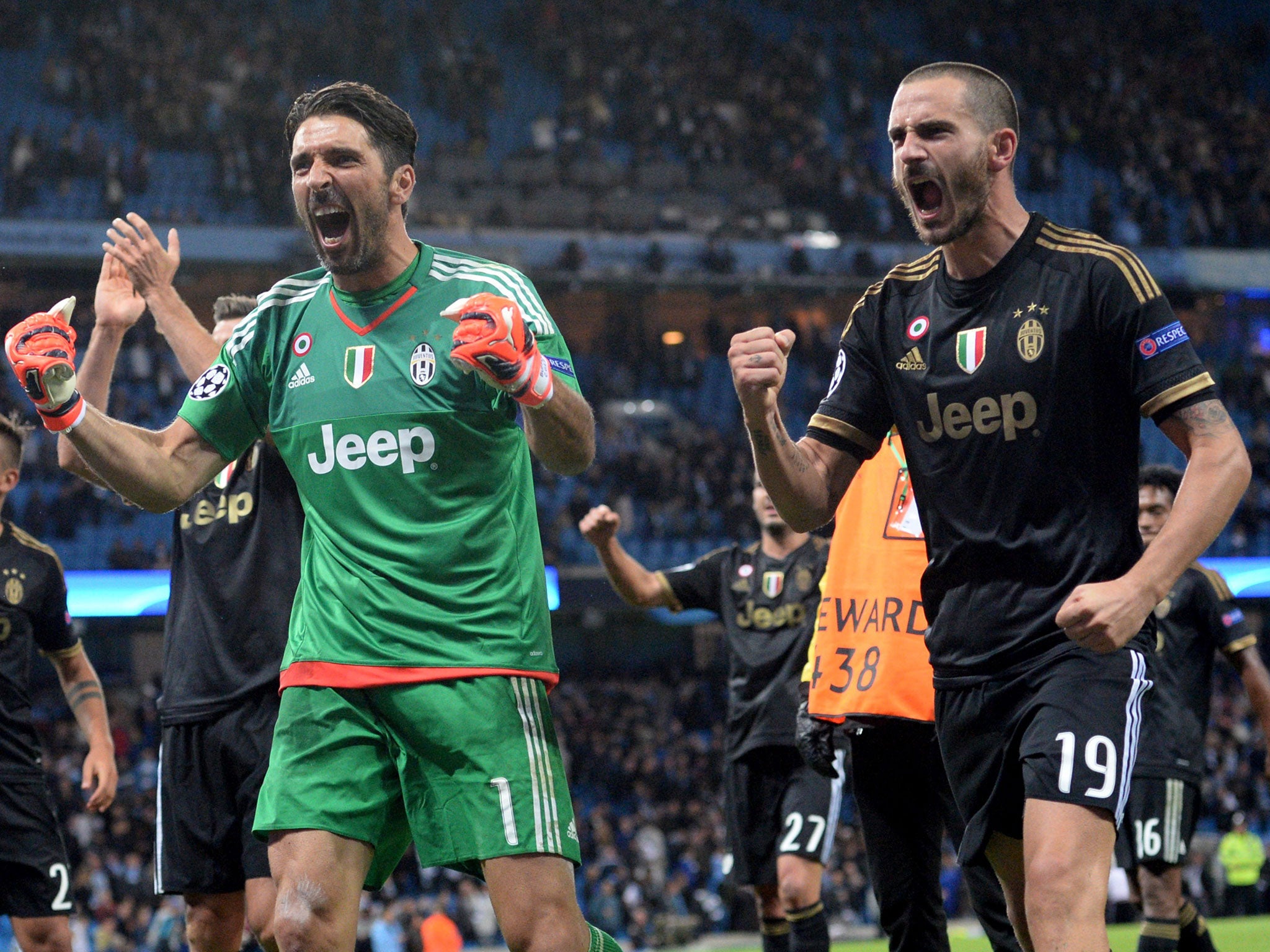 Gianluigi Buffon celebrates Juventus' victory over Manchester City