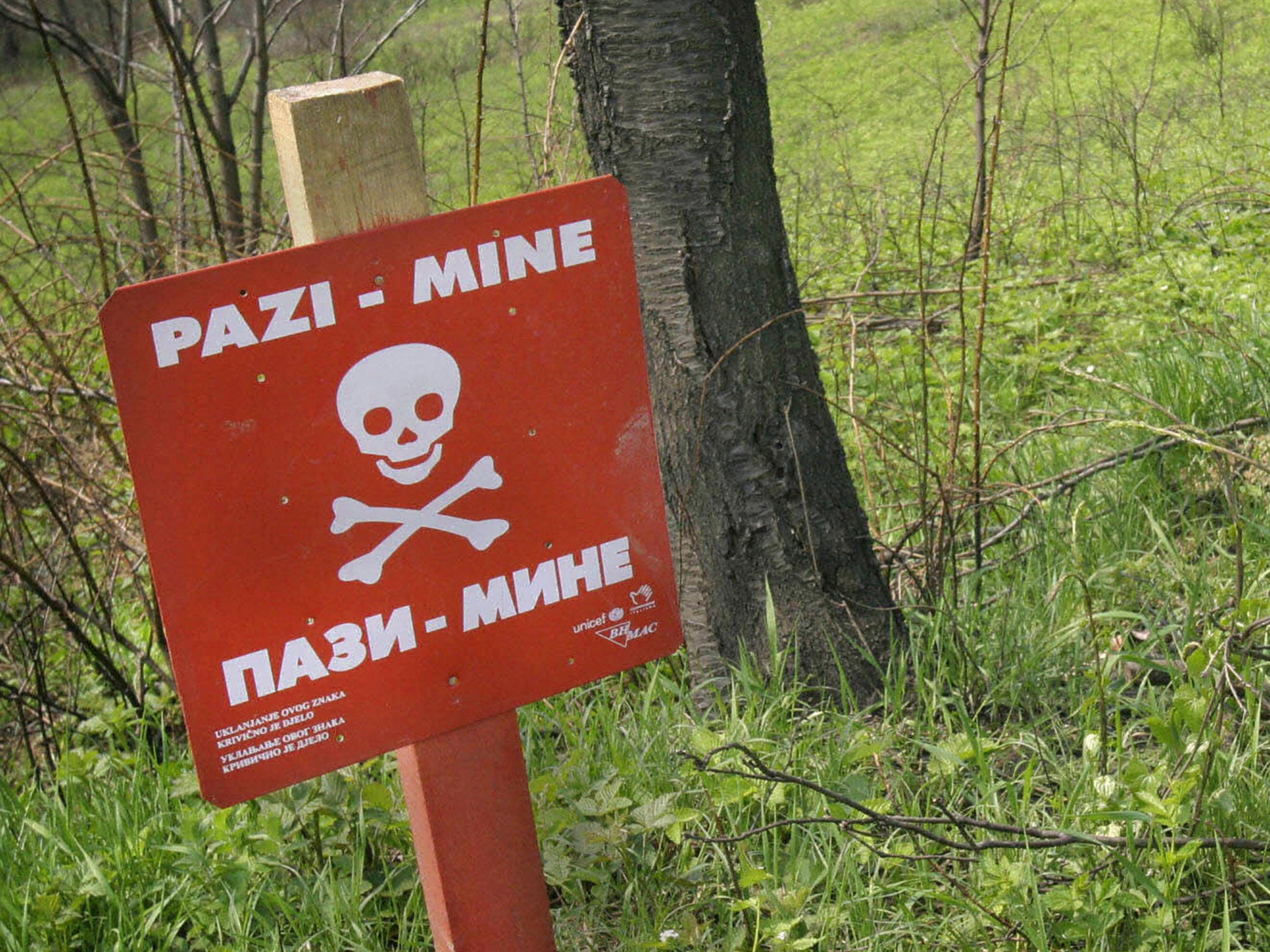 File: A warning sign in front of a minefield in the Bosnian town of Modrica, near the Croatian border