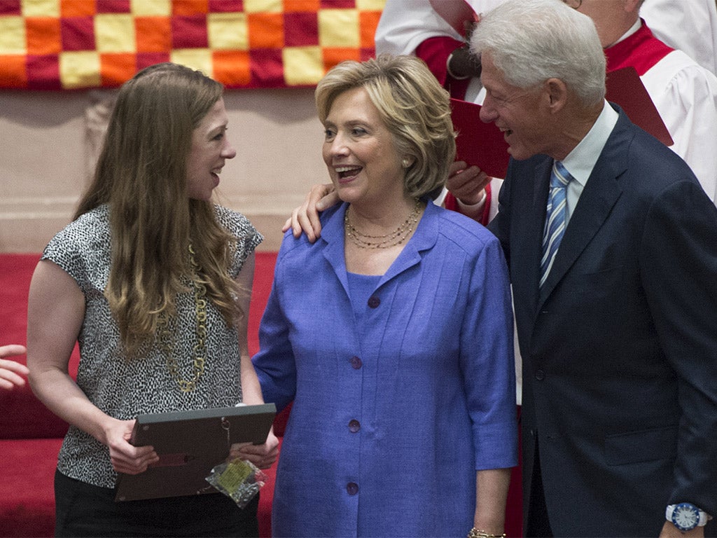 Chelsea Clinton with her mother Hillary, Democratic presidential candidate, and father, the former US President Bill Clinton
