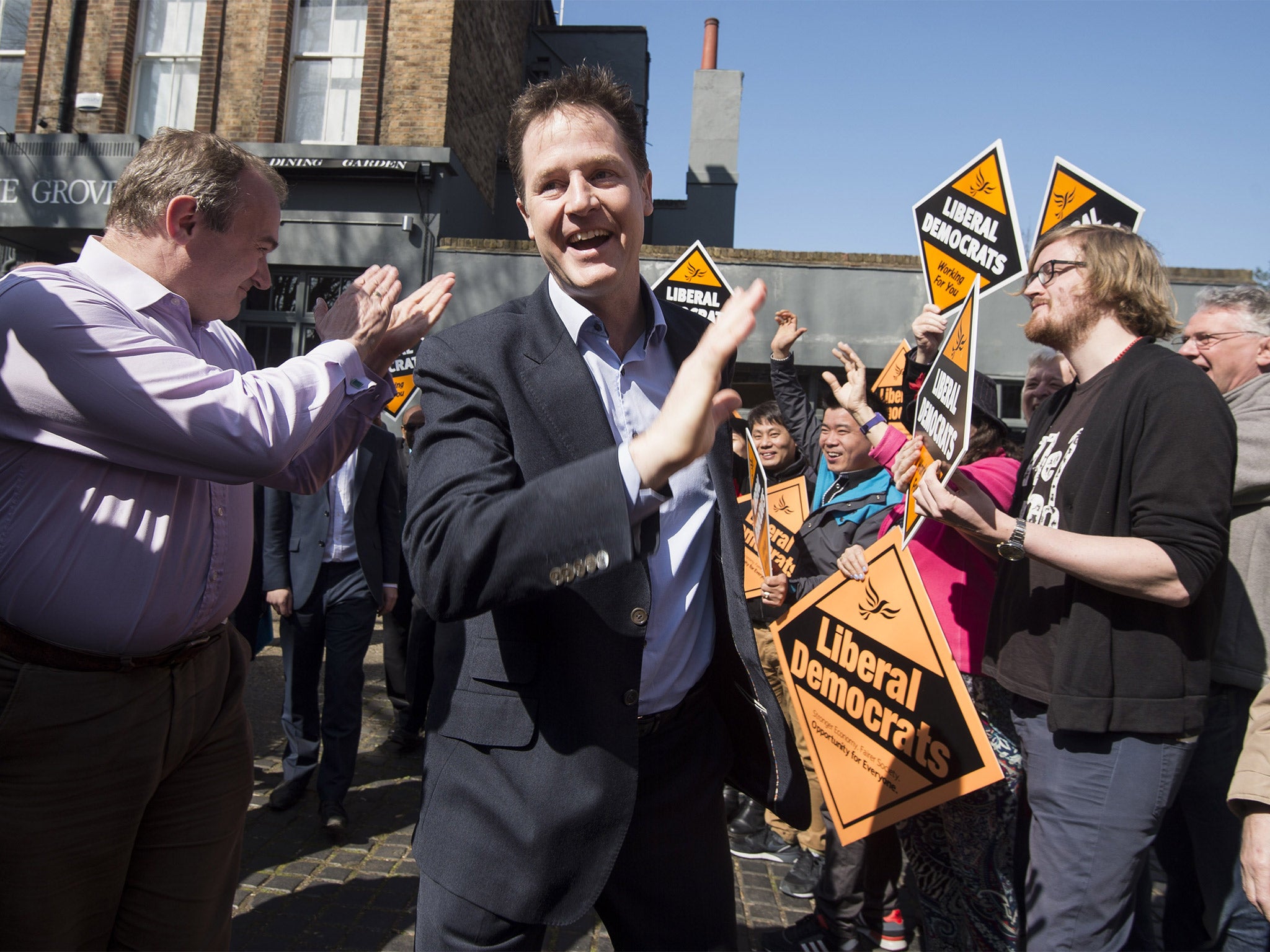 End of the trail: Nick Clegg campaigning in Surbiton, London, before the party’s crushing defeat in May’s general election (Getty)