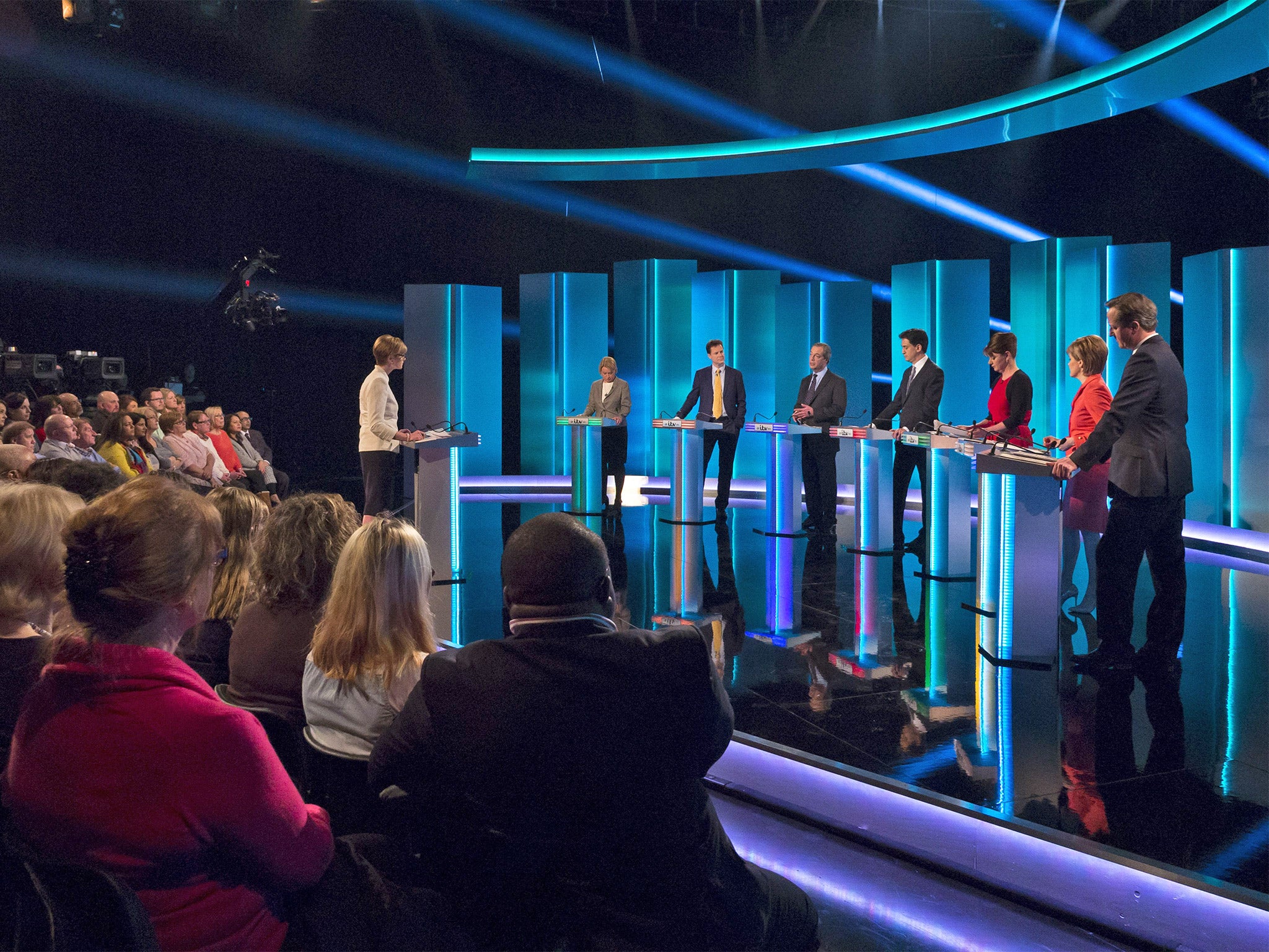 Party leaders, including Nick Clegg (second podium from left), take part in April's live ITV leaders' debate (Getty)