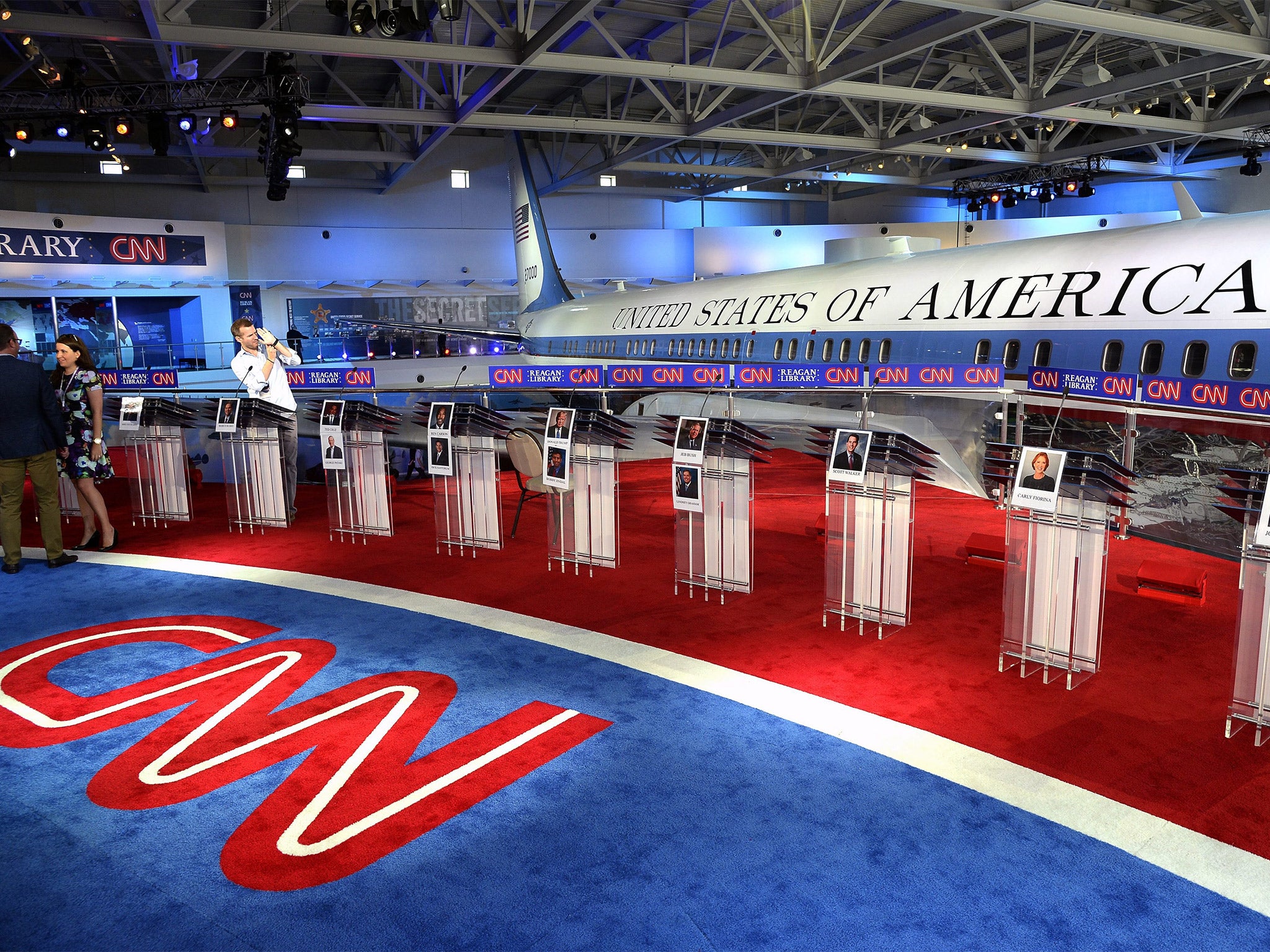The candidates' podiums in front of an Air Force One plane at the Ronald Reagan Presidential Library in Simi Valley where the second Republican presidential debate will take place