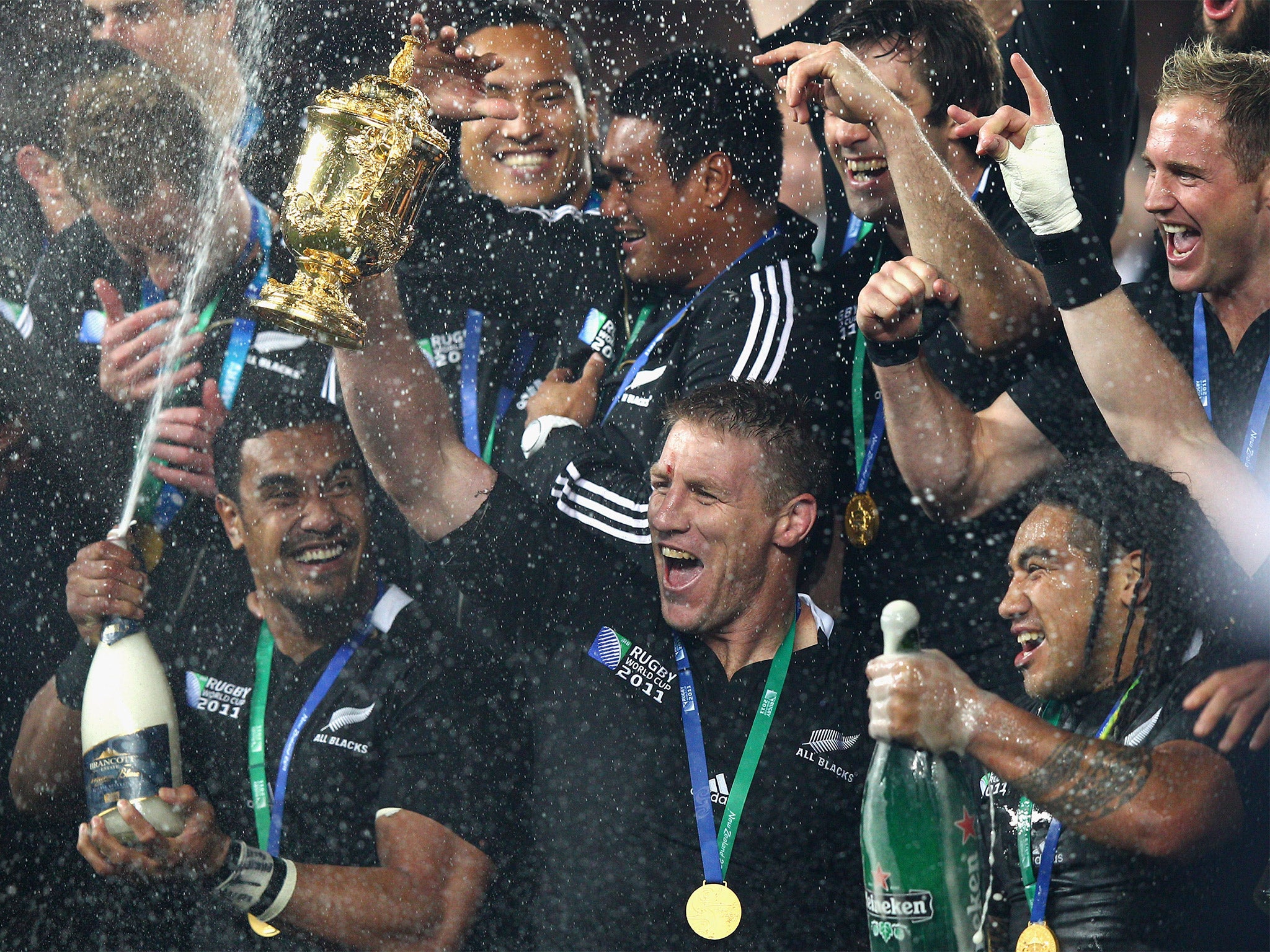 Brad Thorn celebrates with the World Cup trophy he won in 2011 and feels Ireland could go all the way this year