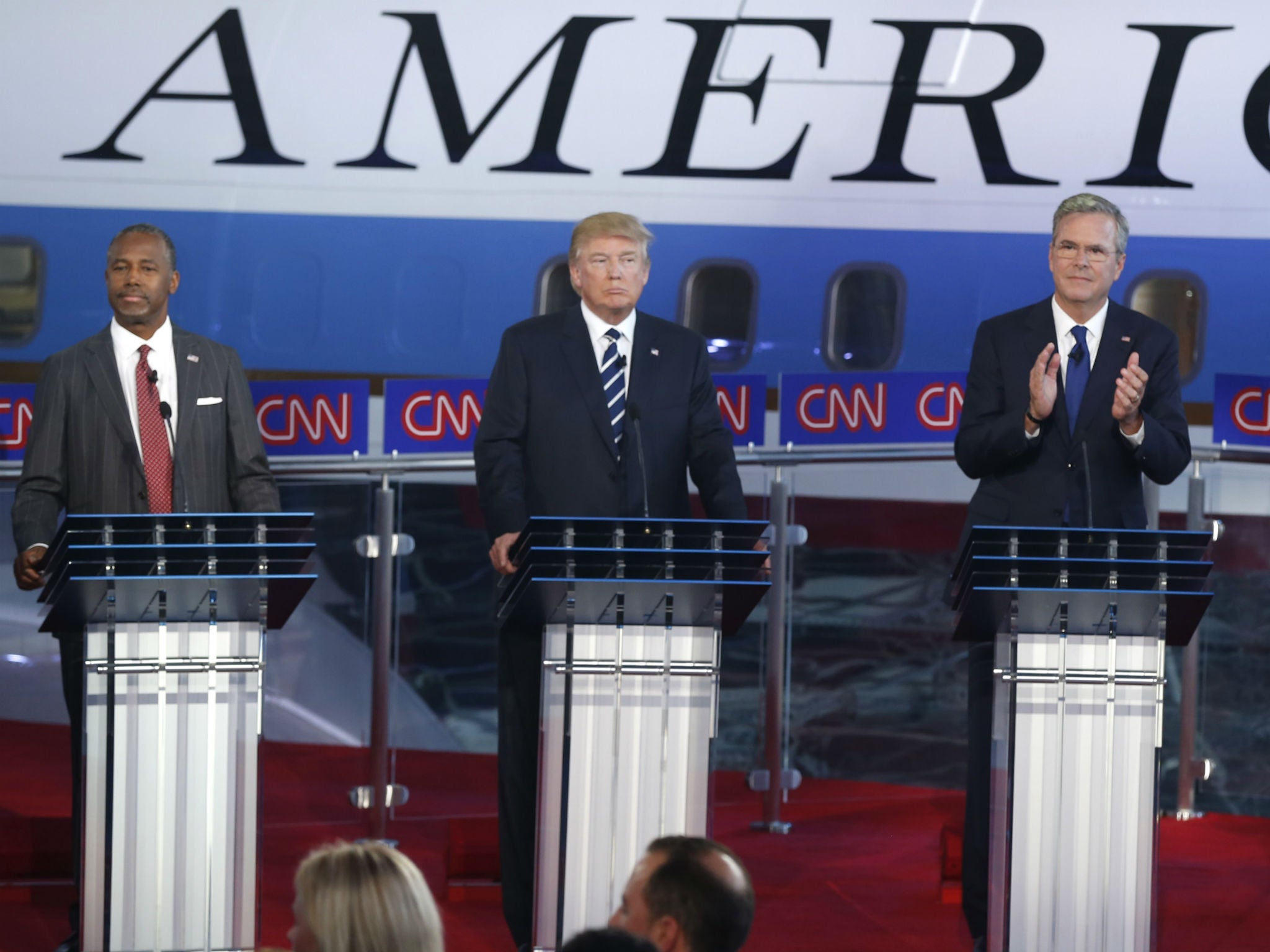 Ben Carson, Donald Trump and Jeb Bush at the second debate in California