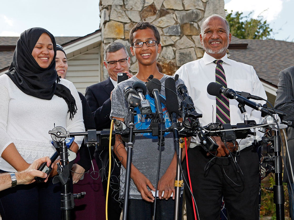 Ahmed Mohamed gave a press conference outside his home in Texas on Wednesday