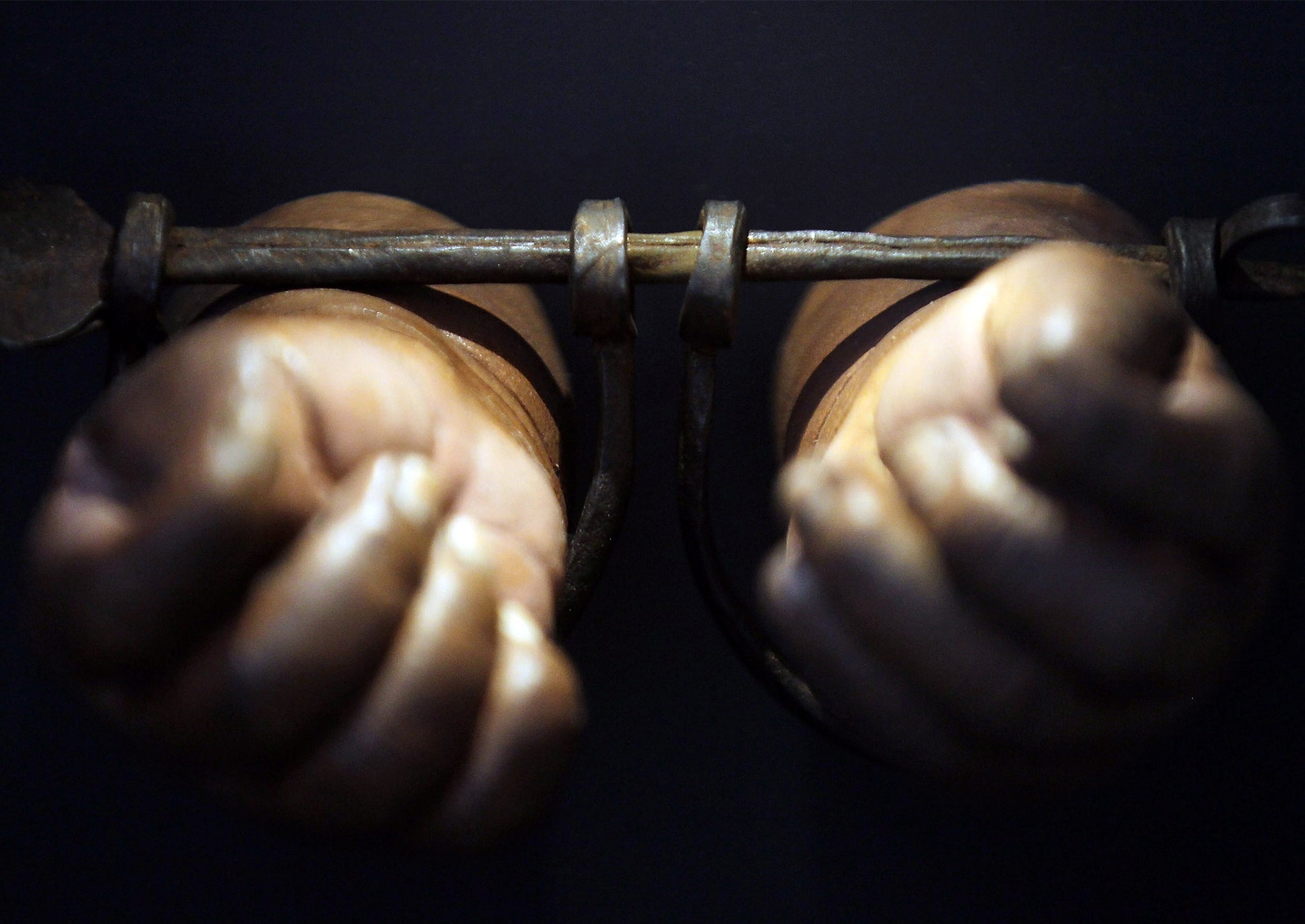 Shackles for slave children are seen on display at the New-York Historical Society on February 1, 2012 in New York City