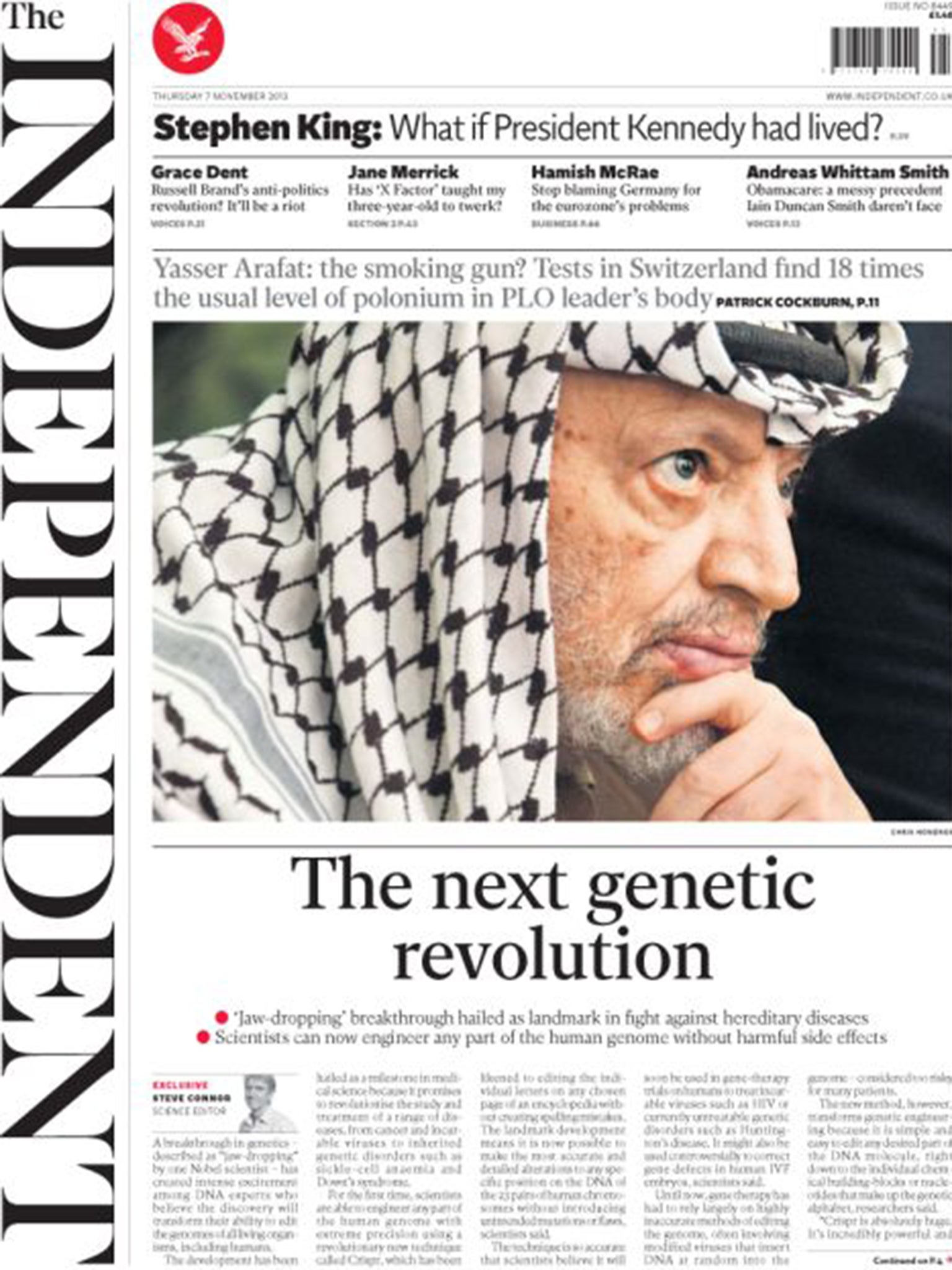 The Independent's front page on the Crispr 'revolution' from 7 November 2013