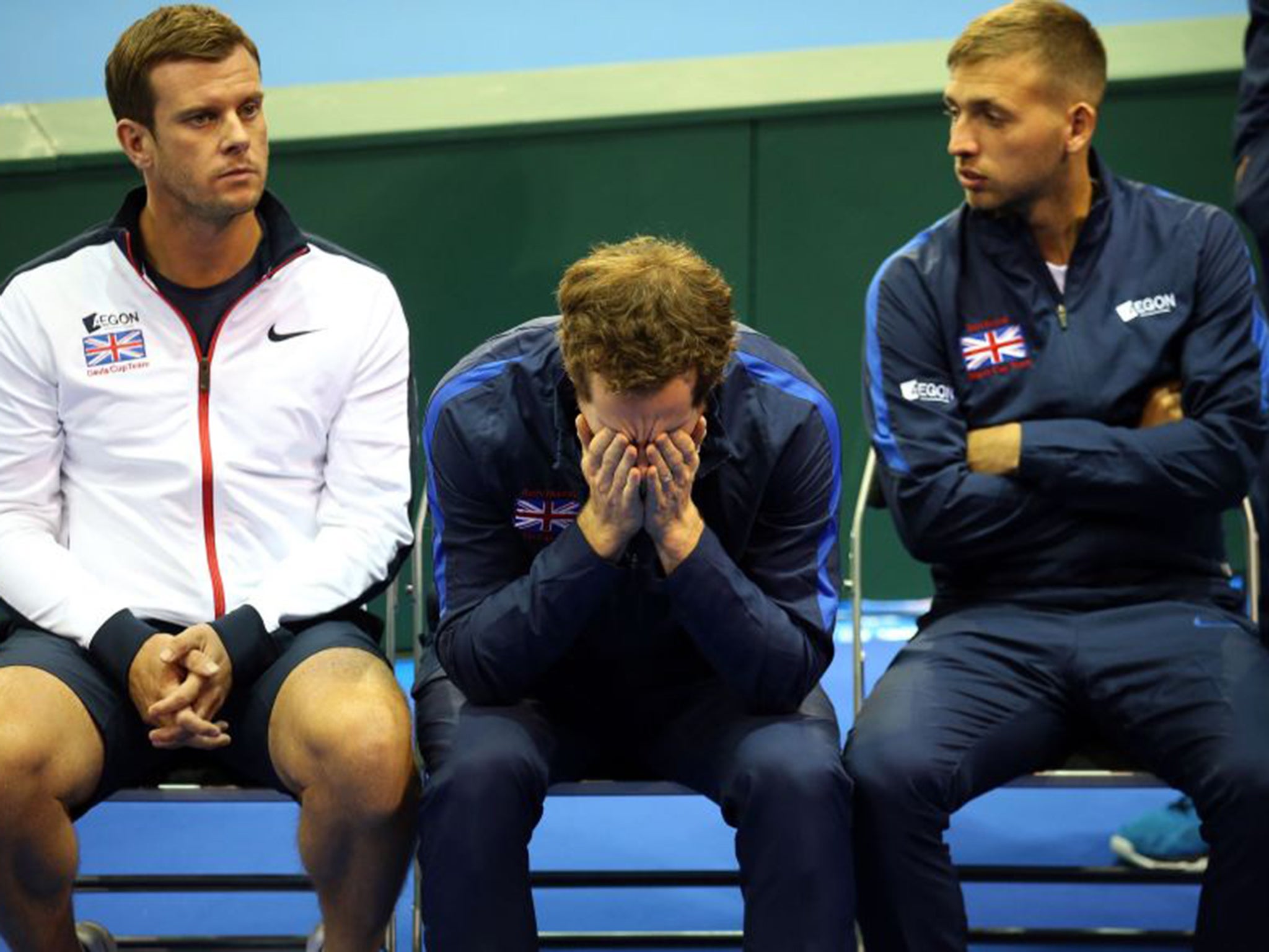 From left: Great Britain coach Leon Smith, Andy Murray and Dan Evans at the Emirates Arena in Glasgow on Thursday