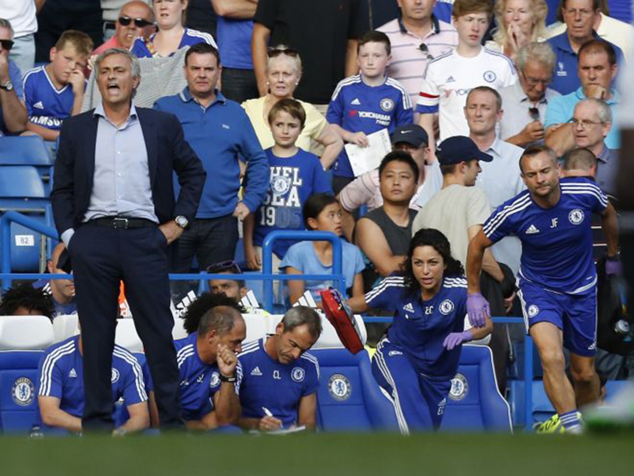 Jose Mourinho and Eva Carneiro, right, on the Chelsea bench