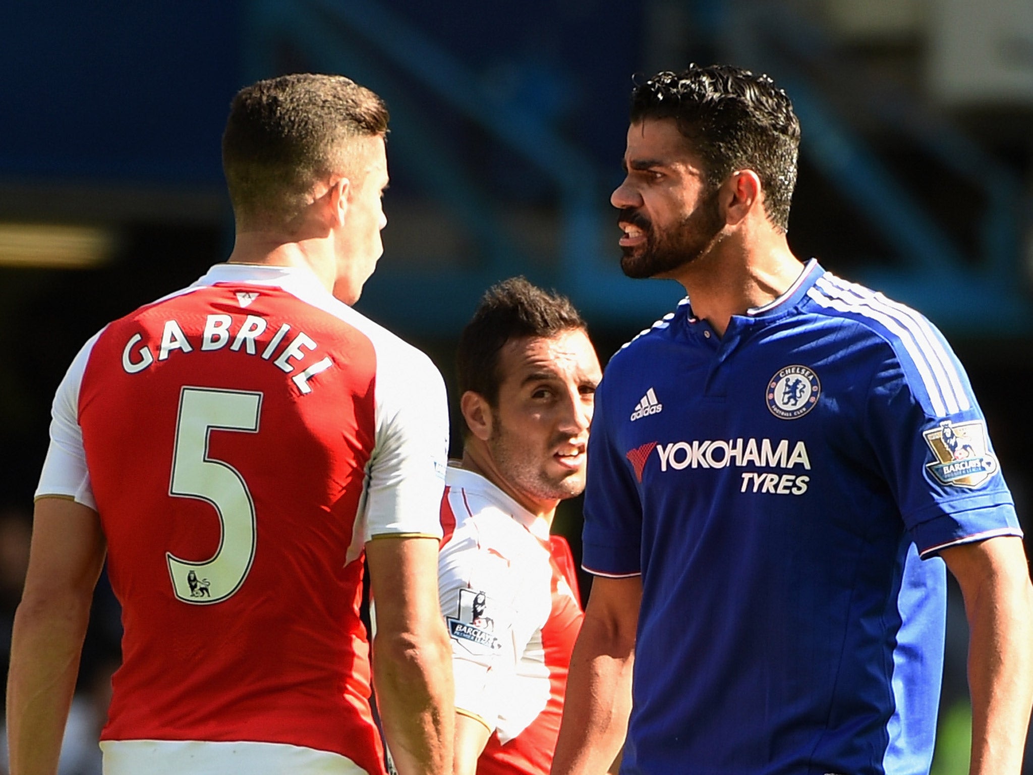 Diego Costa and Gabriel square up before the Arsenal defender's sending off