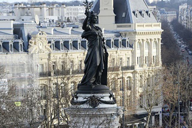 The 25m tall Statue of the Republic in Paris where a young man fell to his death during Techno Parade 2015