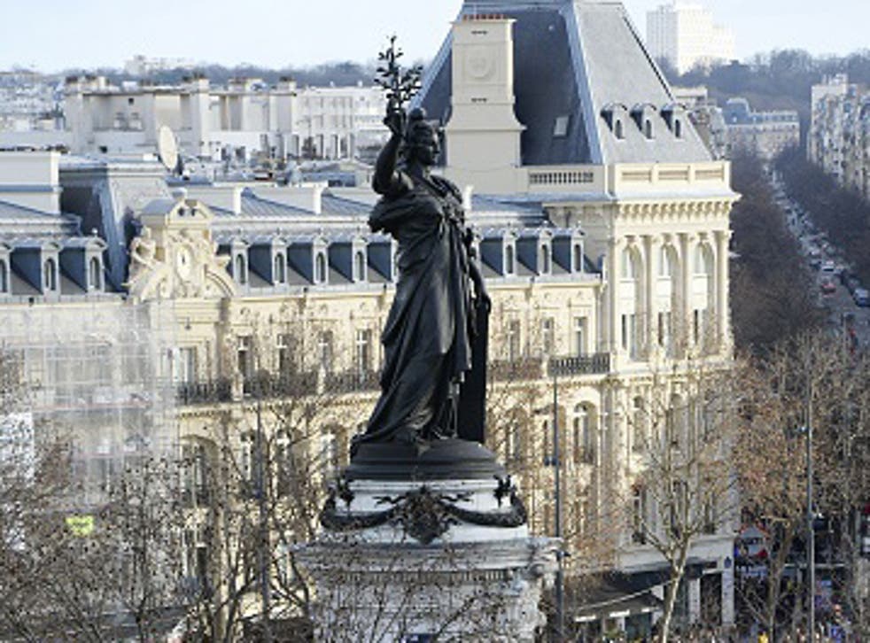 The 25m tall Statue of the Republic in Paris where a young man fell to his death during Techno Parade 2015