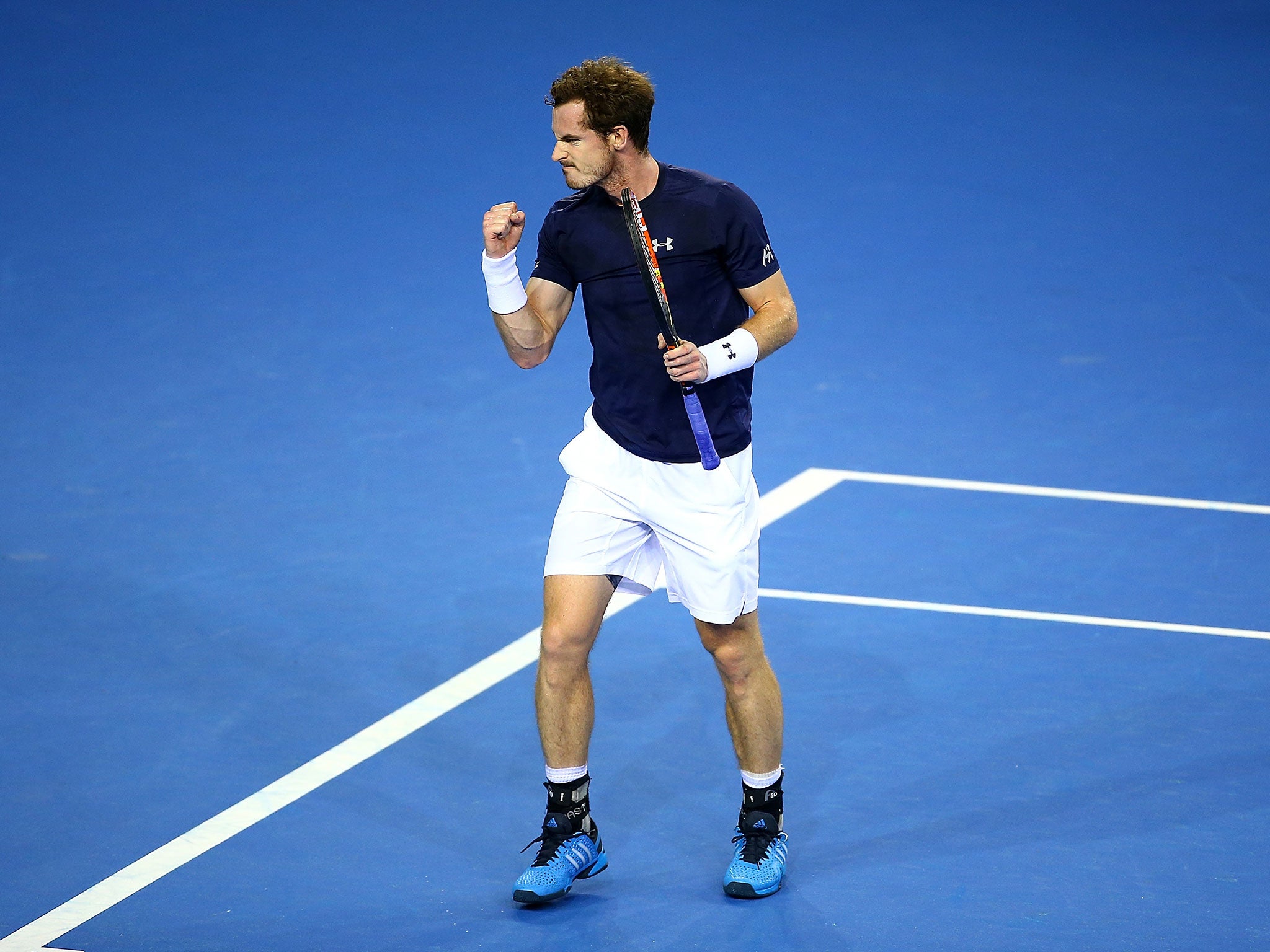 Andy Murray celebrates during his victory over Bernard Tomic