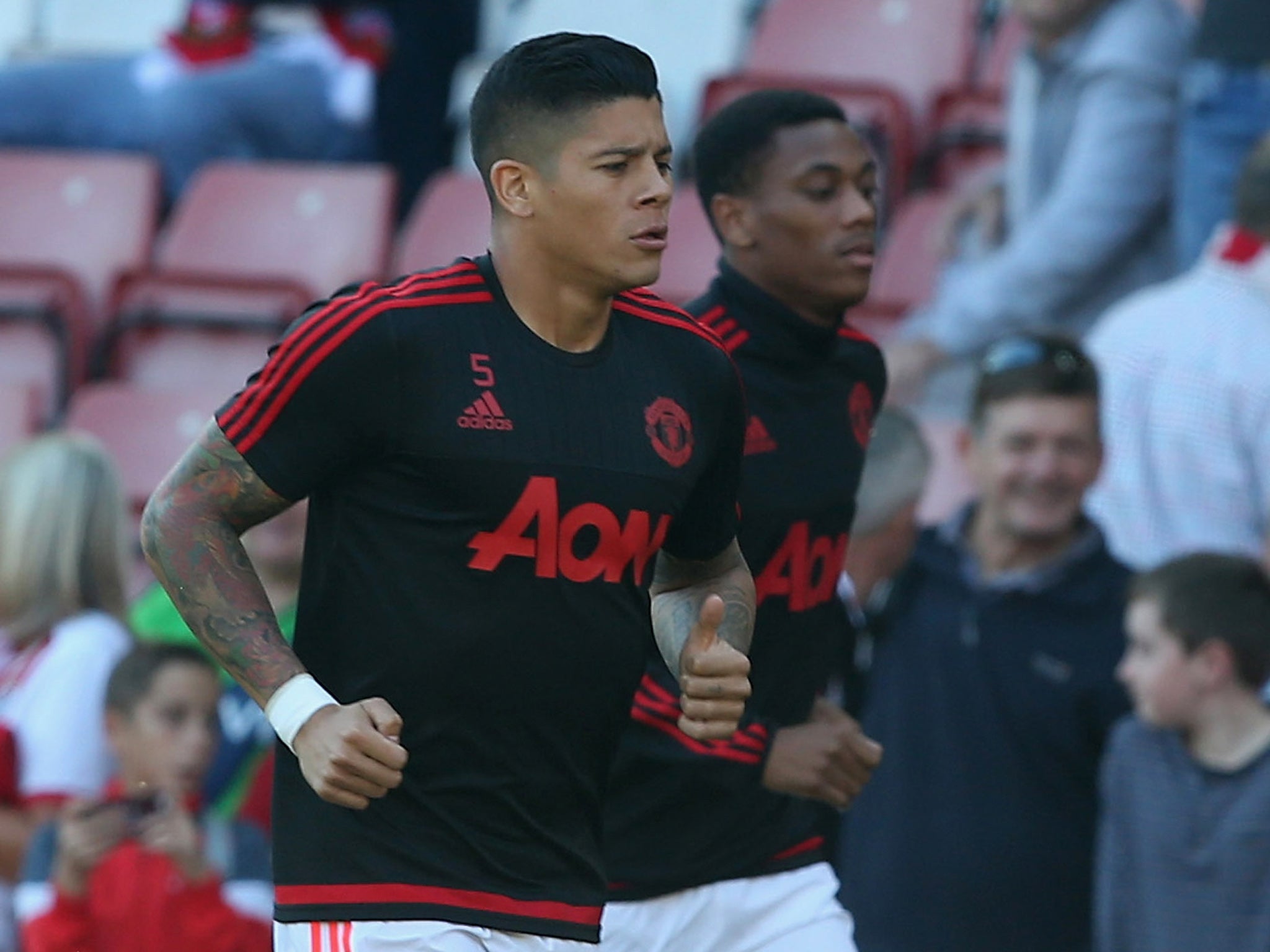 Marcus Rojo warms up at St Mary's