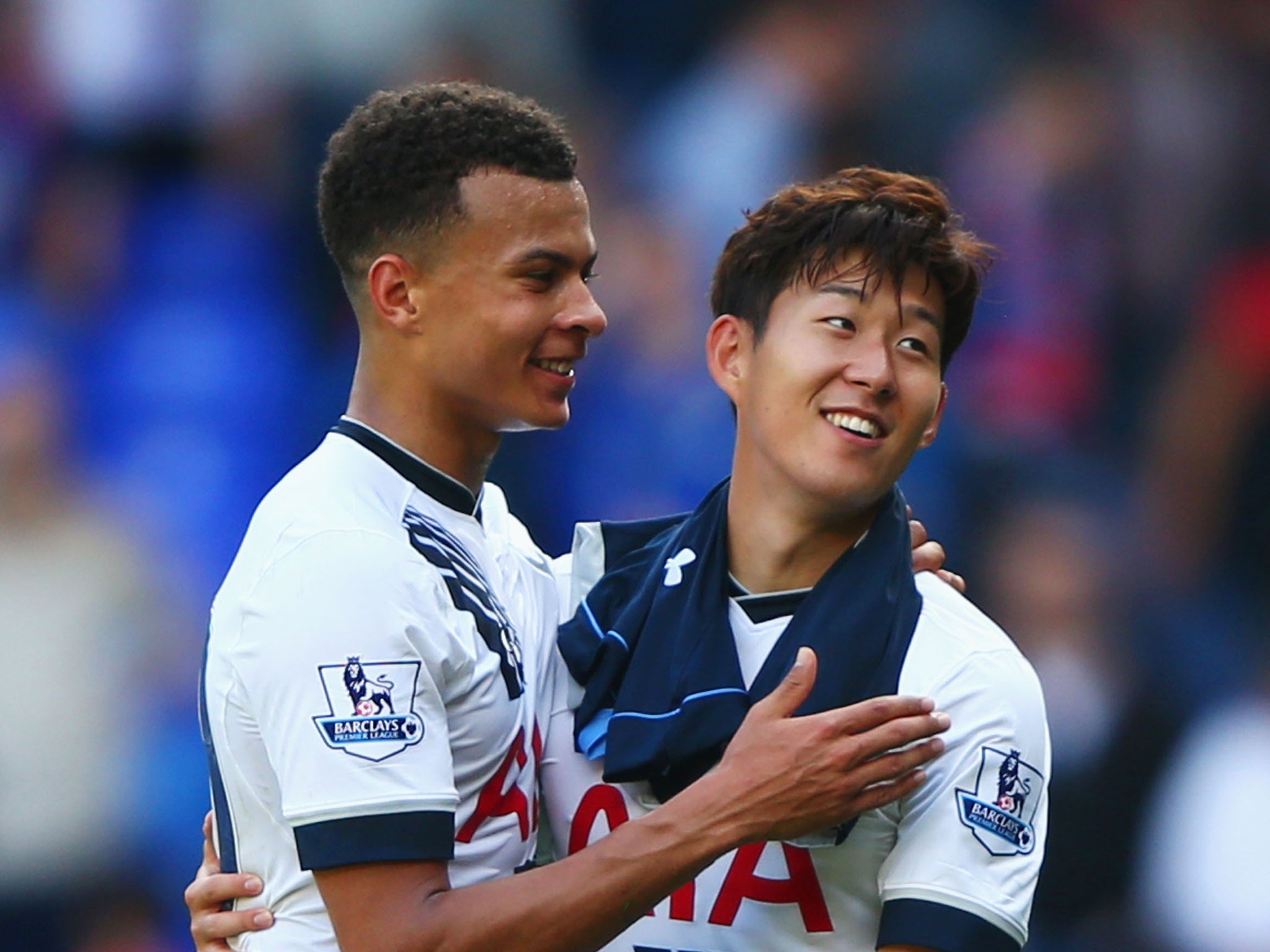 Heung-Min Son (right) celebrates Tottenham's win with Dele Alli