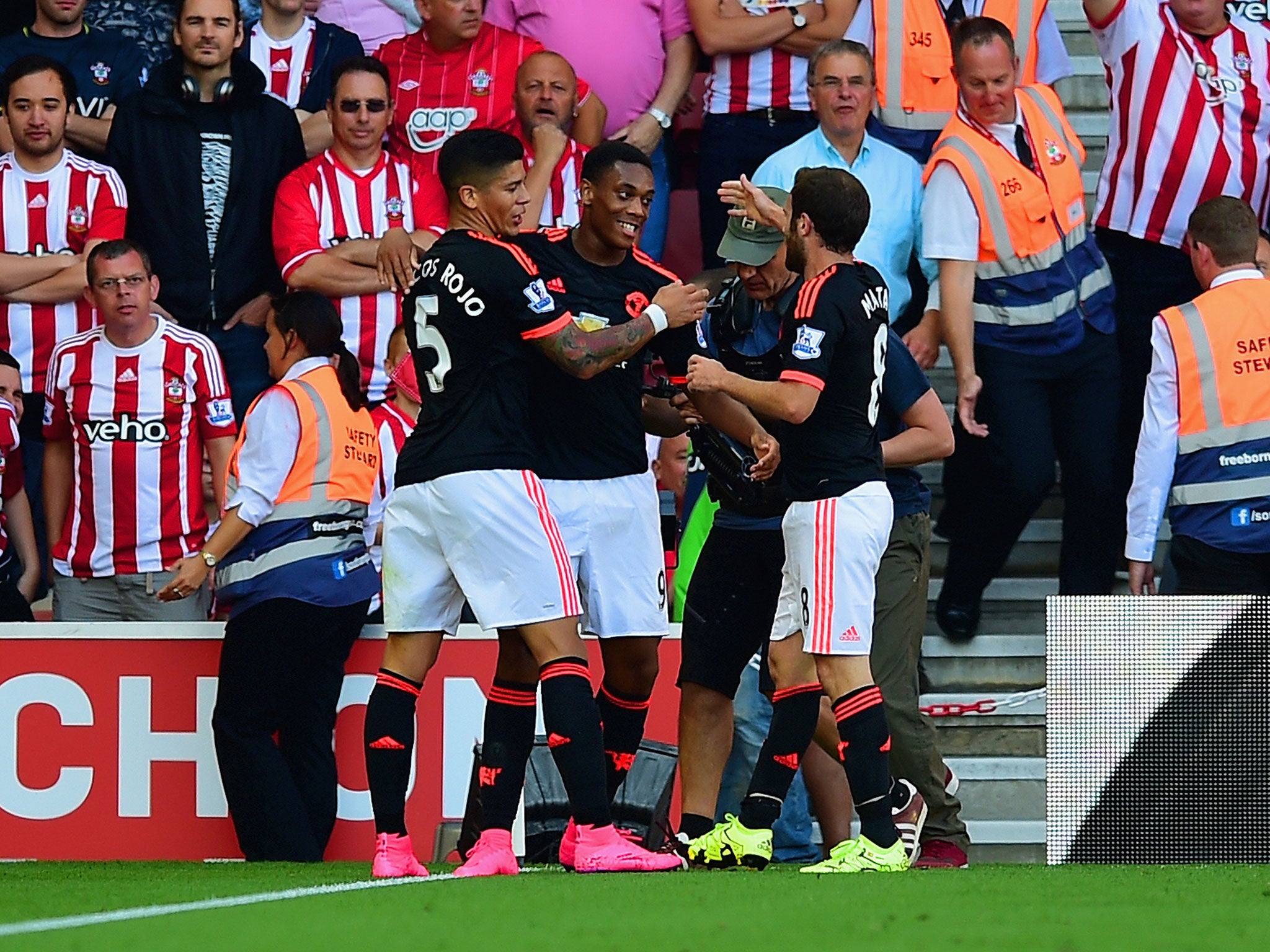 Anthony Martial is congratulated on his goal against Southampton