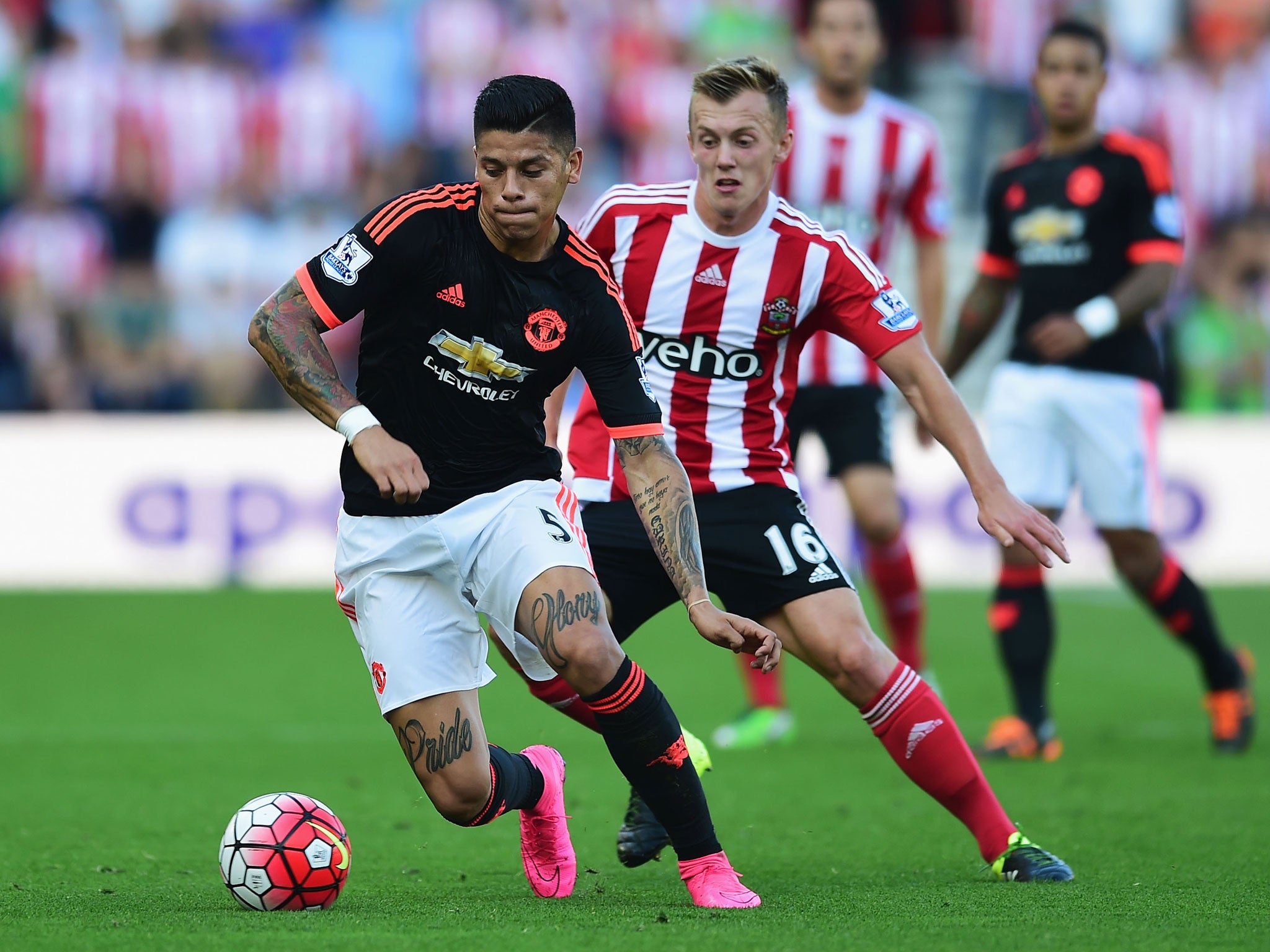 Marcos Rojo in action for United against Southampton