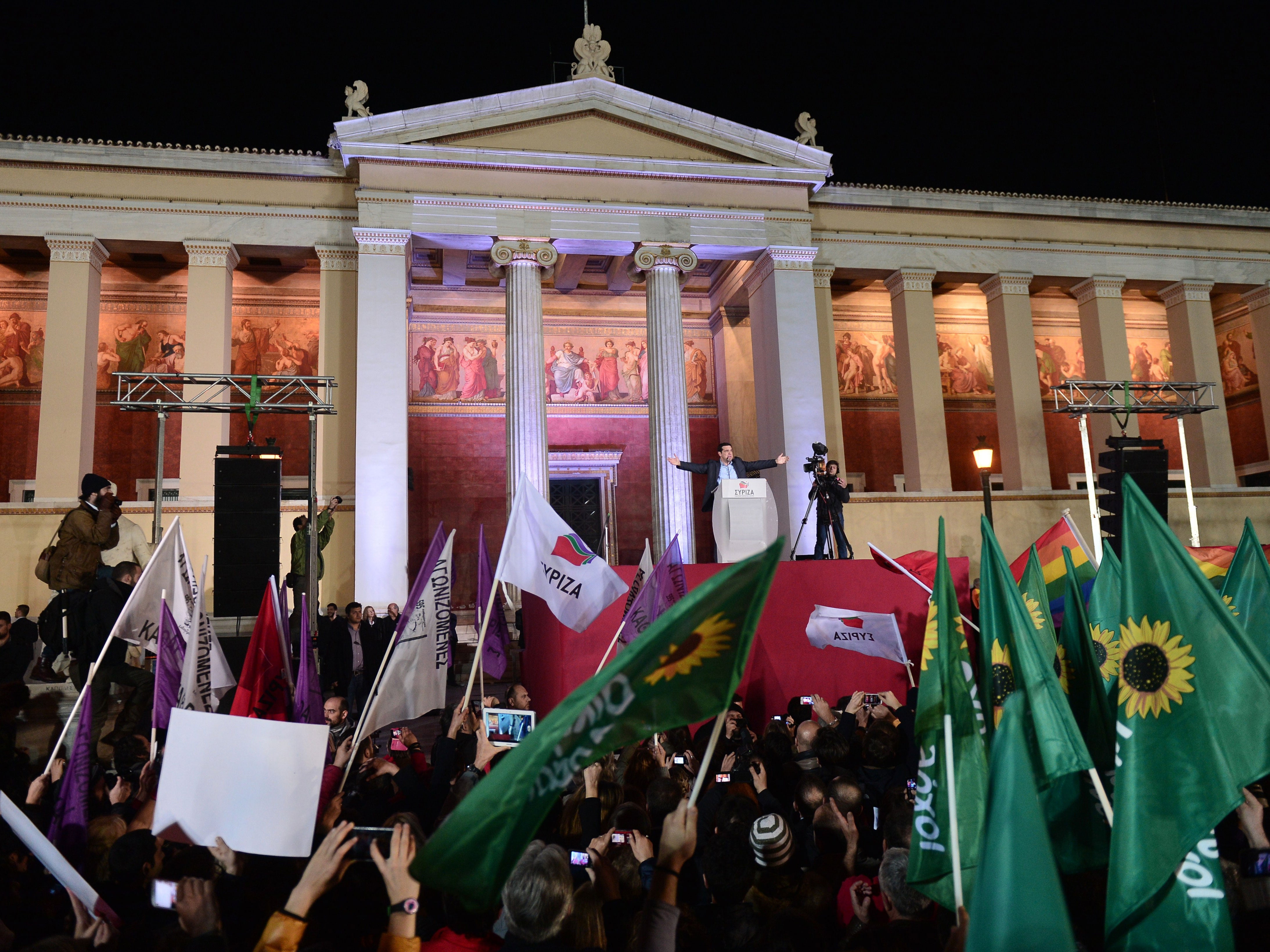 Supporters of Syriza are greeted by their leader Alexis Tsipras, after the election in January 2015