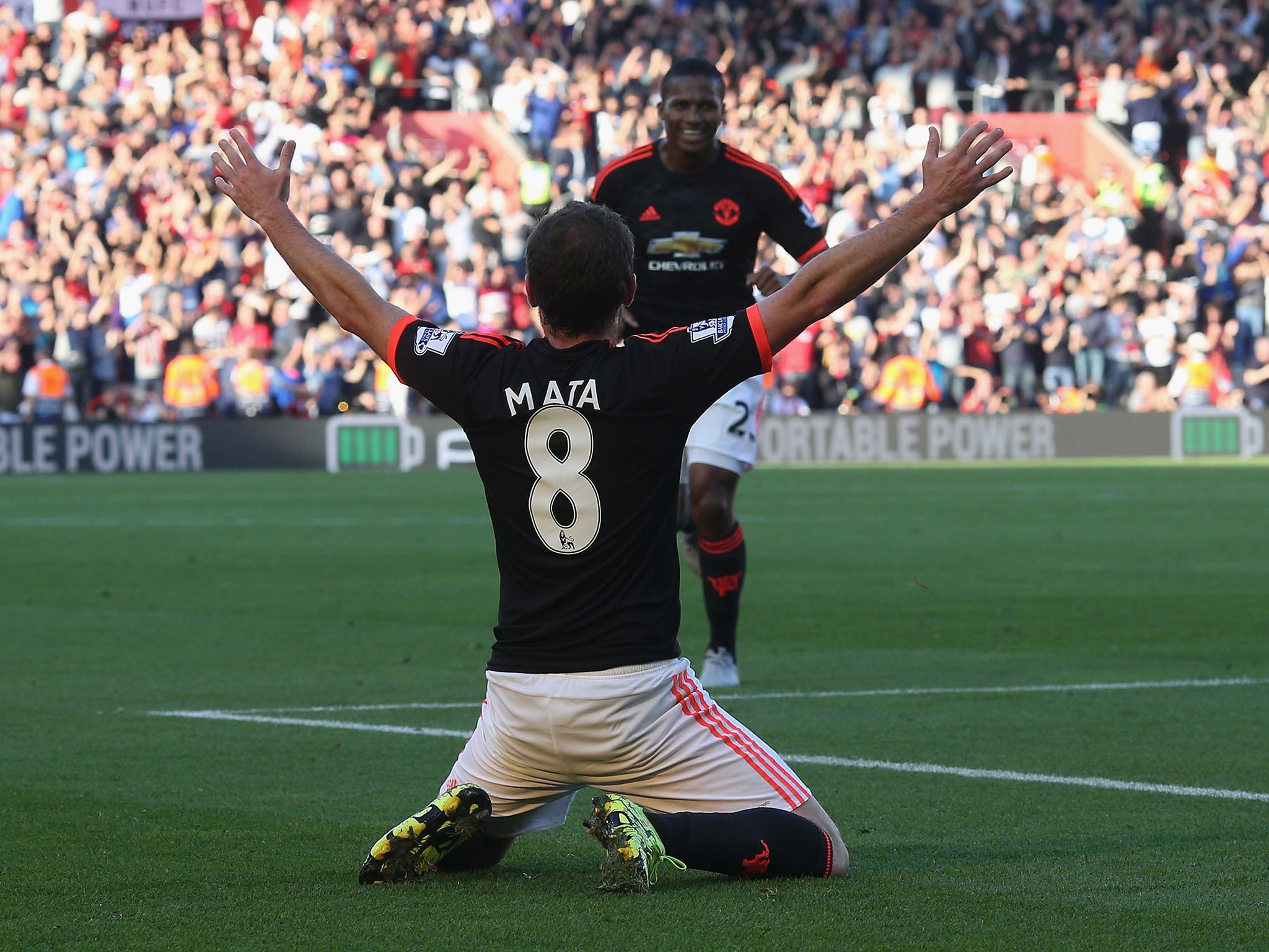 Juan Mata celebrates his goal for Manchester United