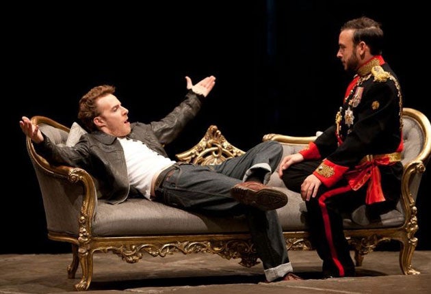Samuel Collings (left) as Piers Gaveston and Chris New as King Edward II in Edward II at the Royal Exchange Theatre, Manchester, in 2011