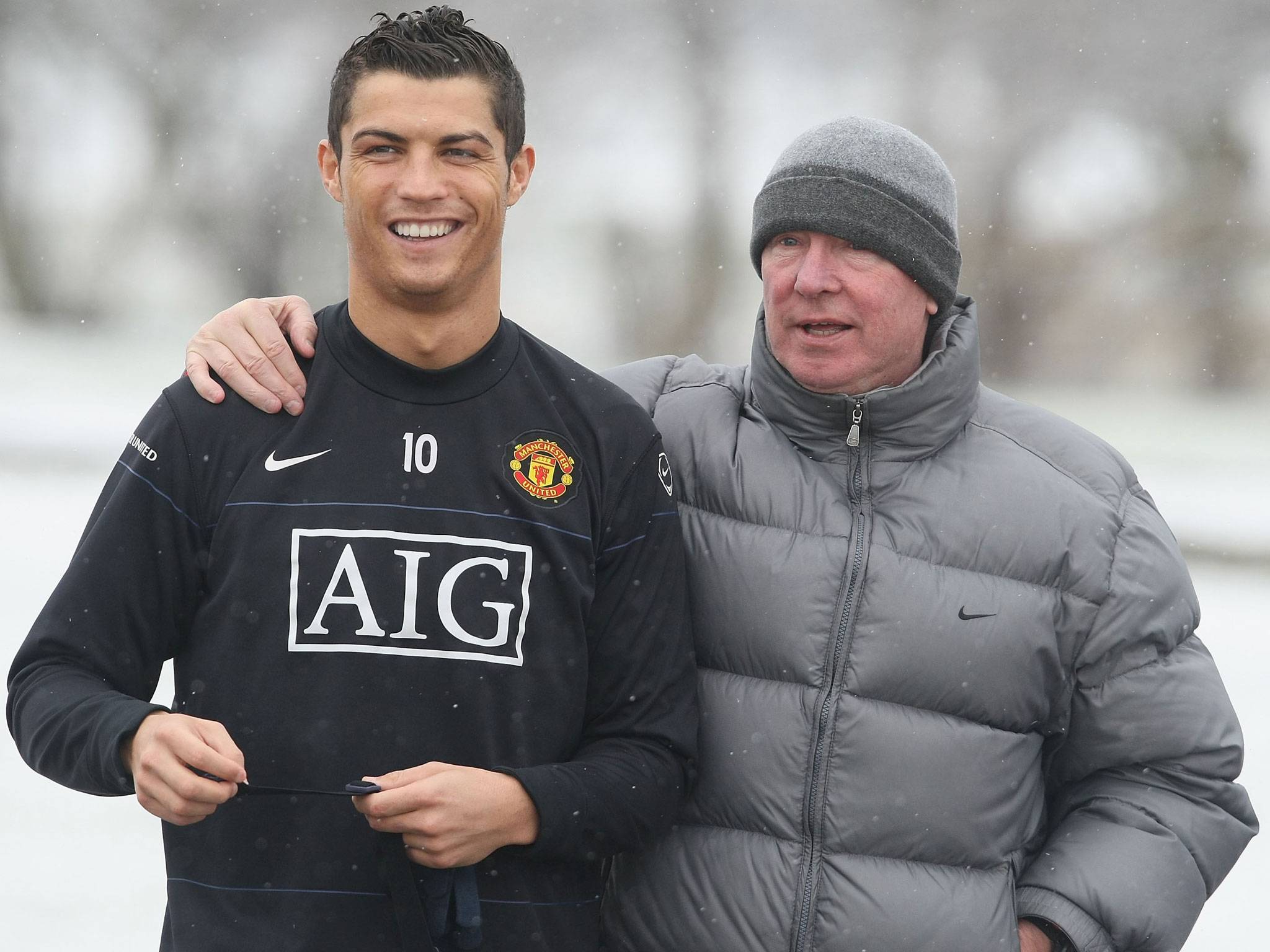 Sir Alex Ferguson and Cristiano Ronaldo during Manchester United training in 2009