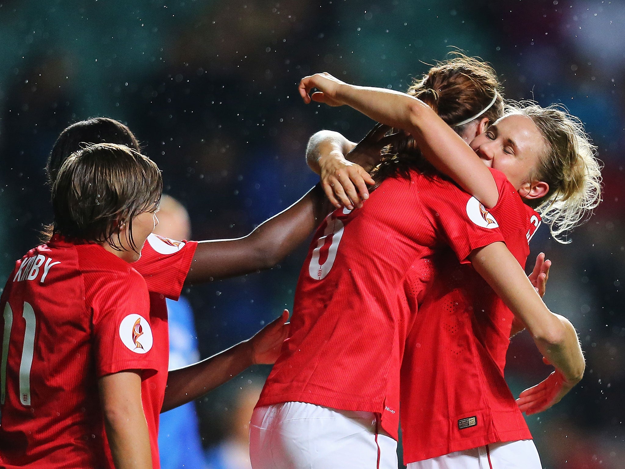 Jill Scott of England celebrates during the win over Estonia