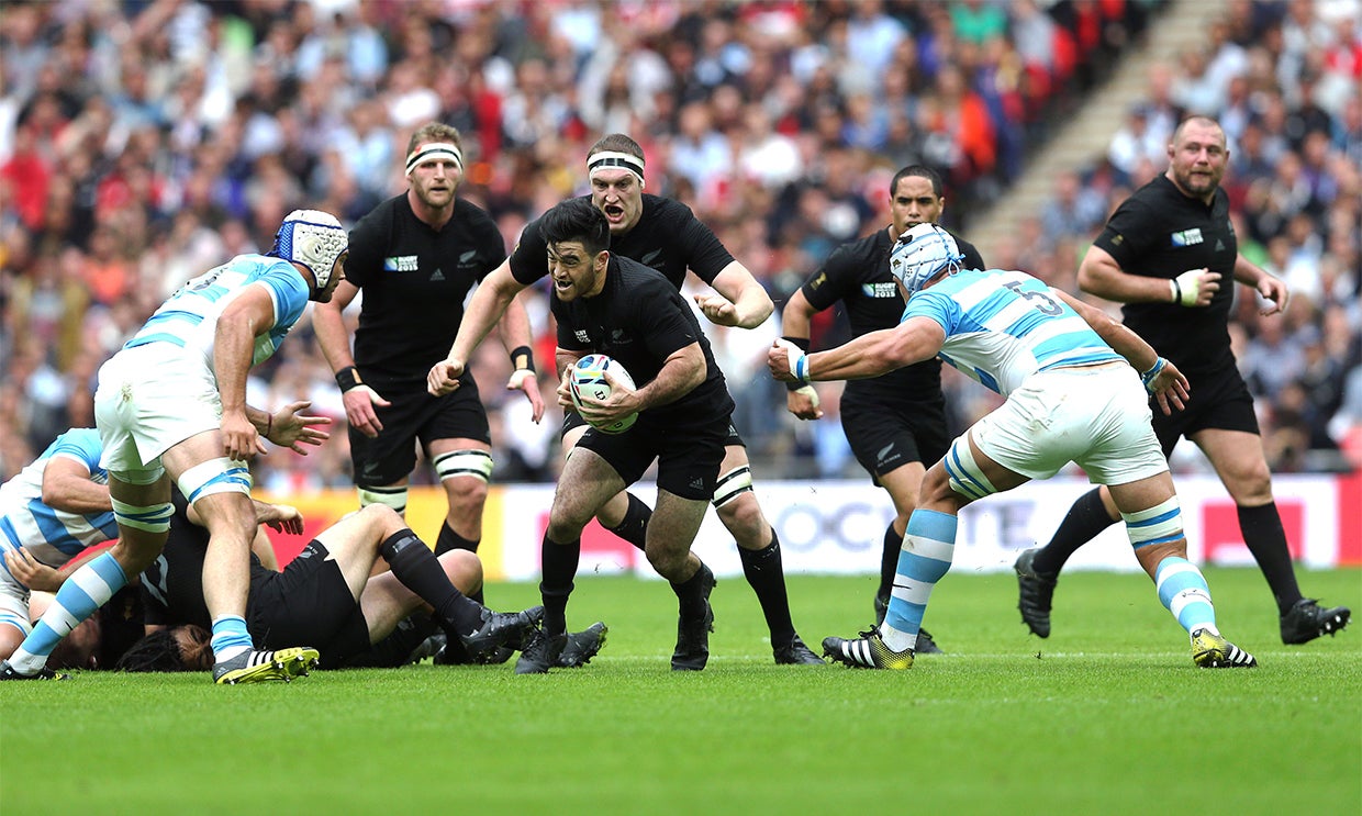 Nehe Milner-Skudder breaks through the Argentina line in the All Blacks v Argentina Rugby World Cup pool match at Wembley Stadium