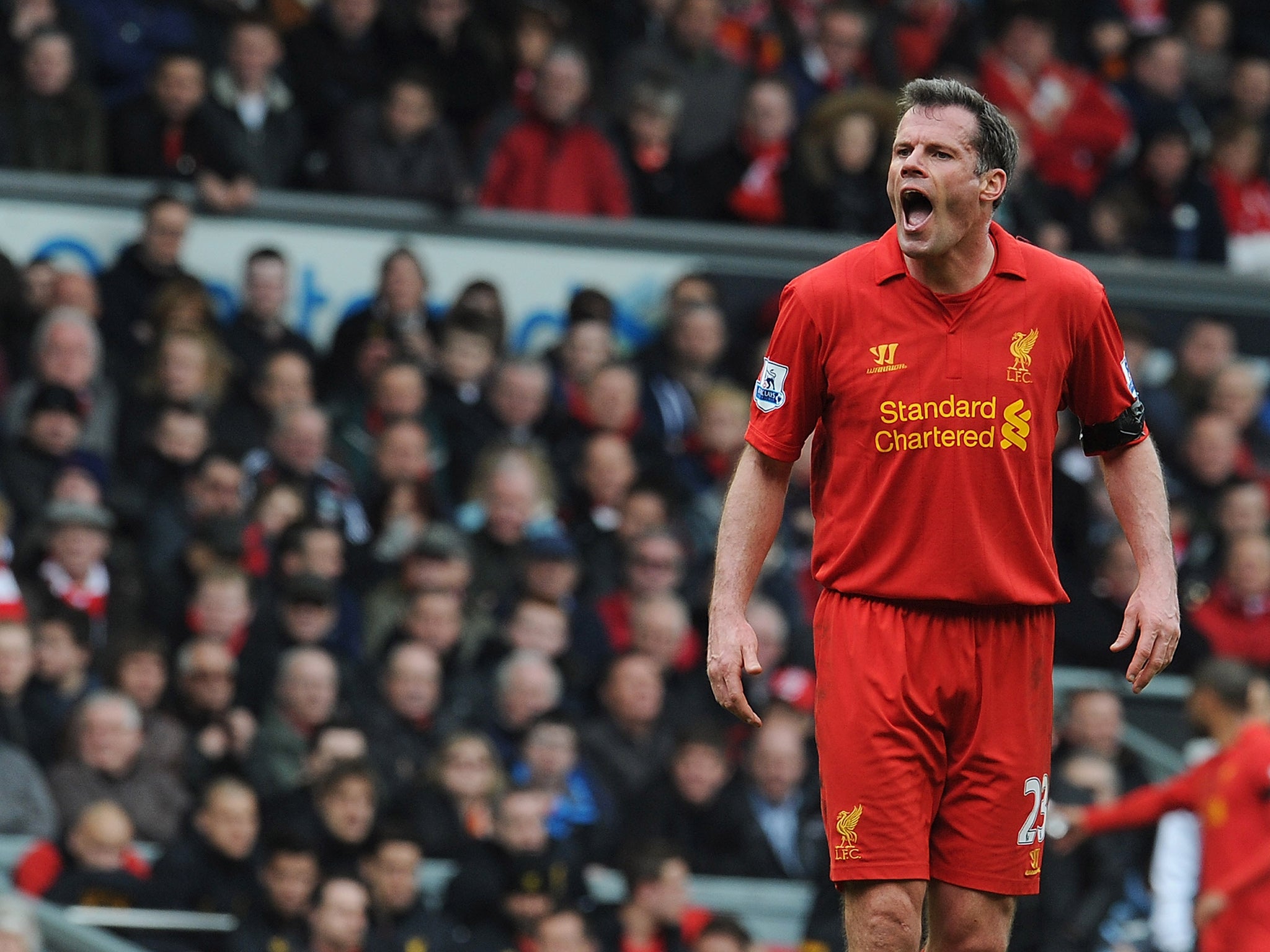 Jamie Carragher making orders during his final Liverpool appearance