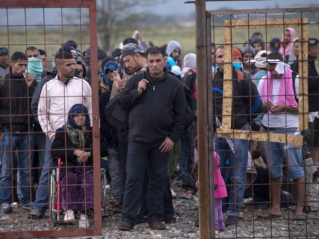 Refugees queue to register at a camp after crossing the Greek-Macedonian border near Gevgelija