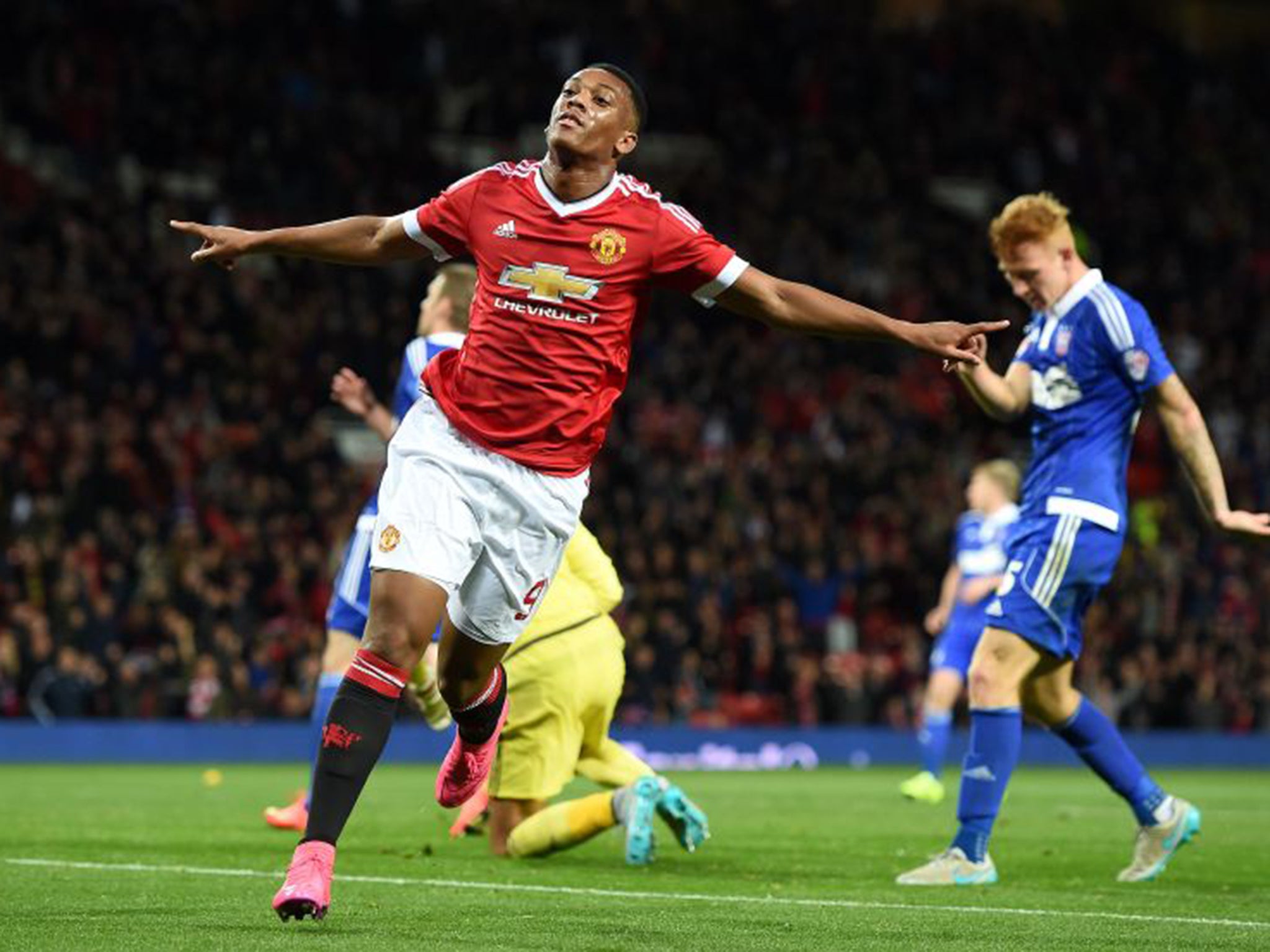 Anthony Martial celebrates his goal against Ipswich