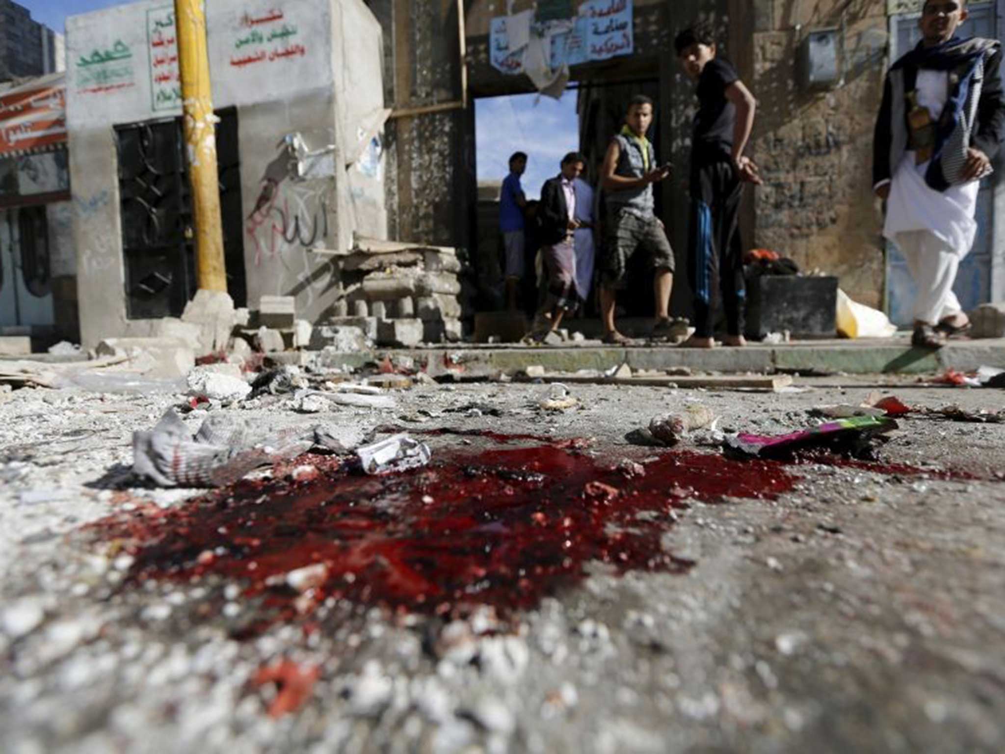Blood on the ground following the attack on a mosque in Sanaa