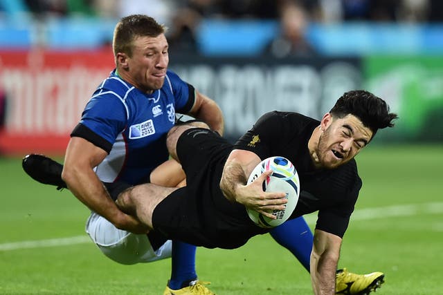 All Blacks winger Nehe Milner-Skudder, who scored two tries, is tackled by Johan Tromp