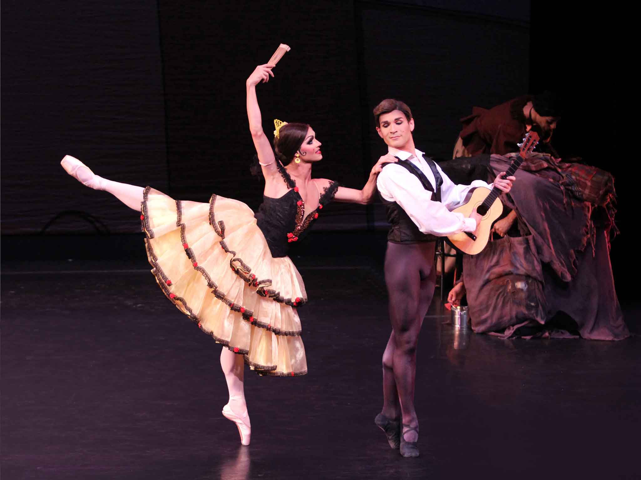 Johnsey with Paolo Cervellera in 'Don Quixote', by all-male company Les Ballets Trockadero de Monte Carlo, in 2015