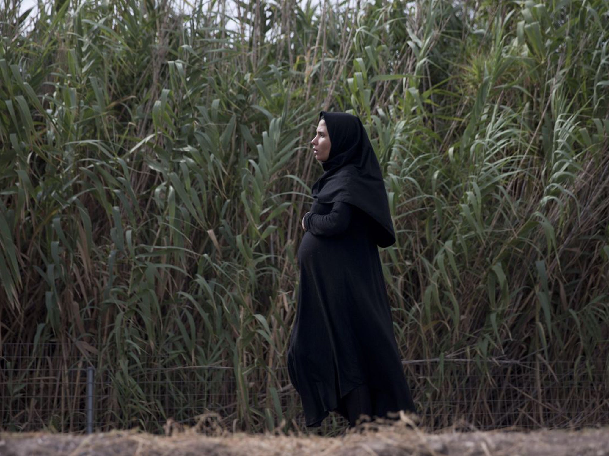 A pregnant Afghan woman walks after she arrived with her family from Turkey to the shores of Lesbos